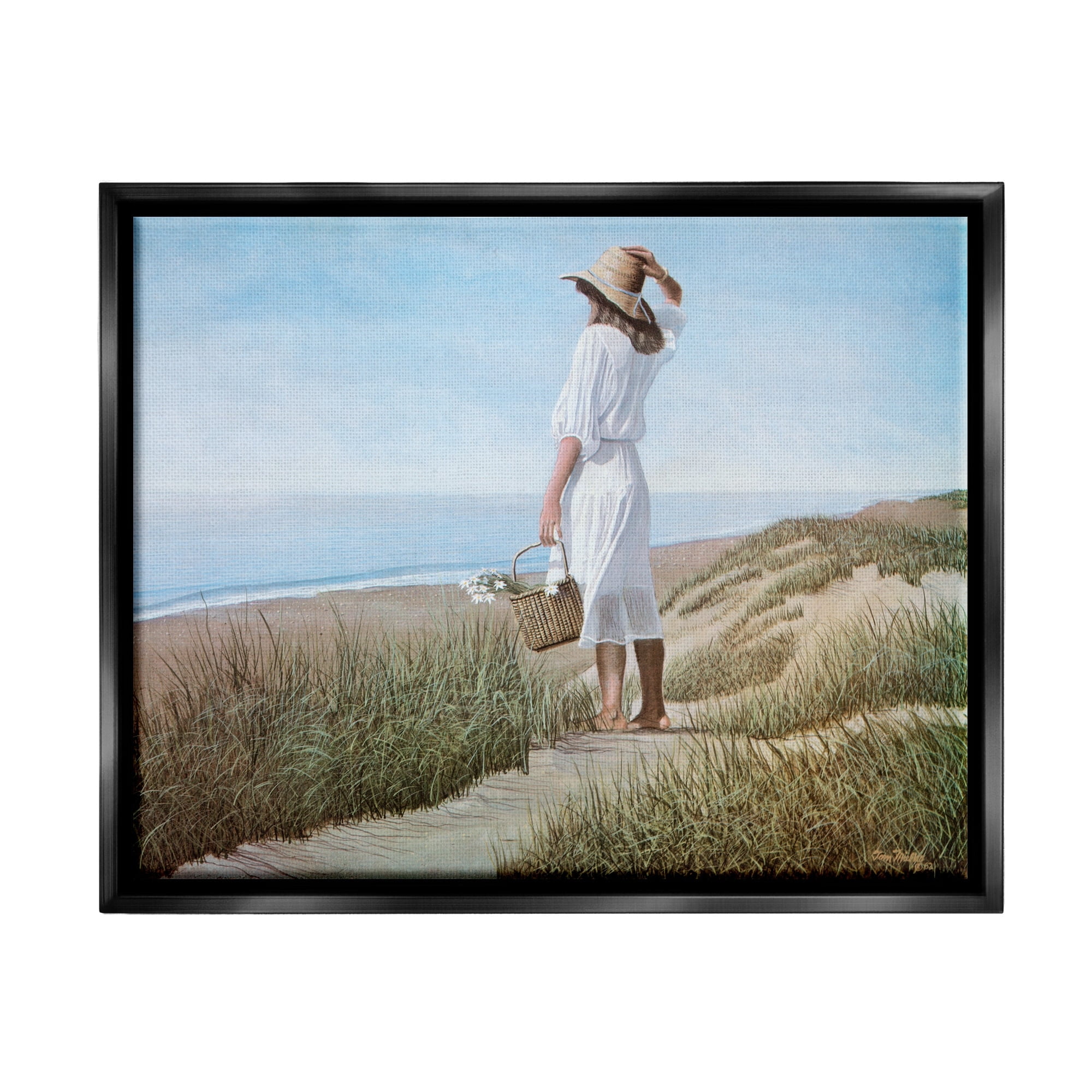 Stupell Industries Woman Enjoying Peaceful Beach Shore Landscape View Painting Jet Black Floating Framed Canvas Print Wall Art, Design by Tom Mielko
