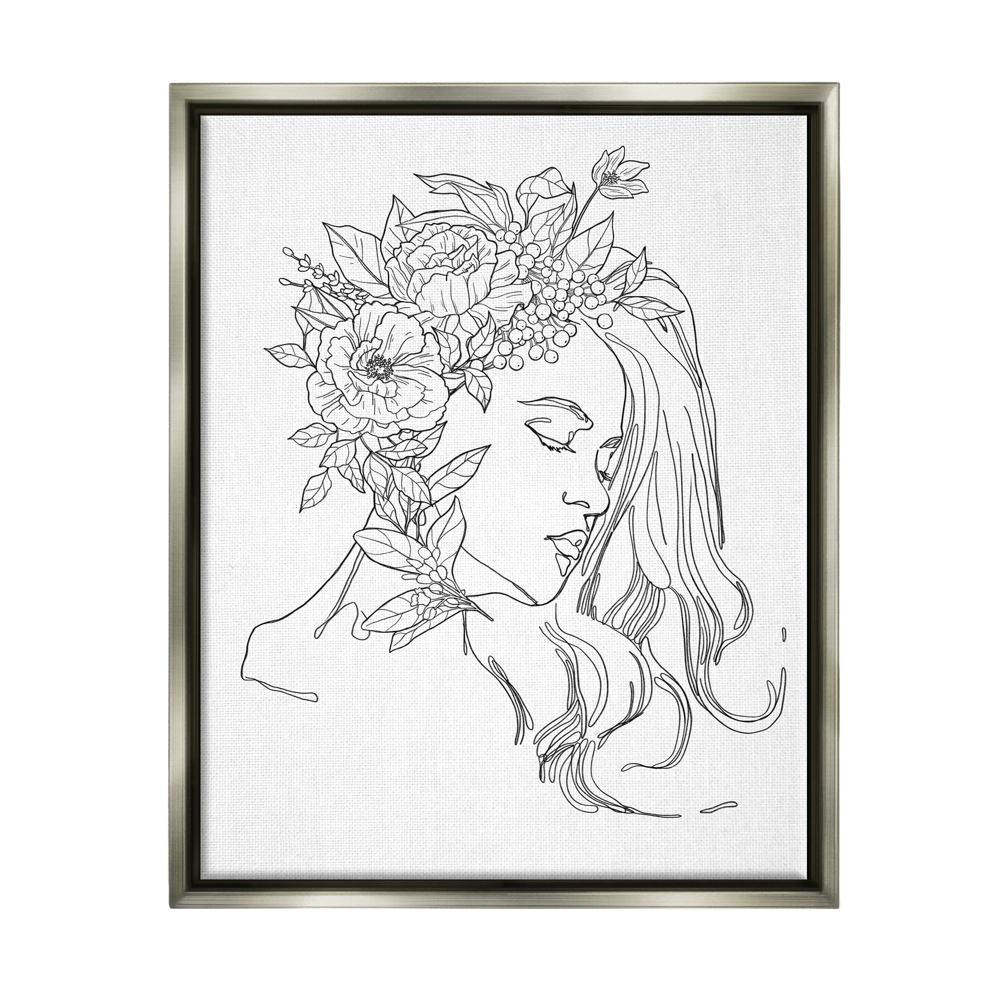 Stupell Industries Woman Face Detailed Blossoming Flowers Line Drawing Graphic Art Luster Gray Floating Framed Canvas Print Wall Art, Design by Ziwei Li