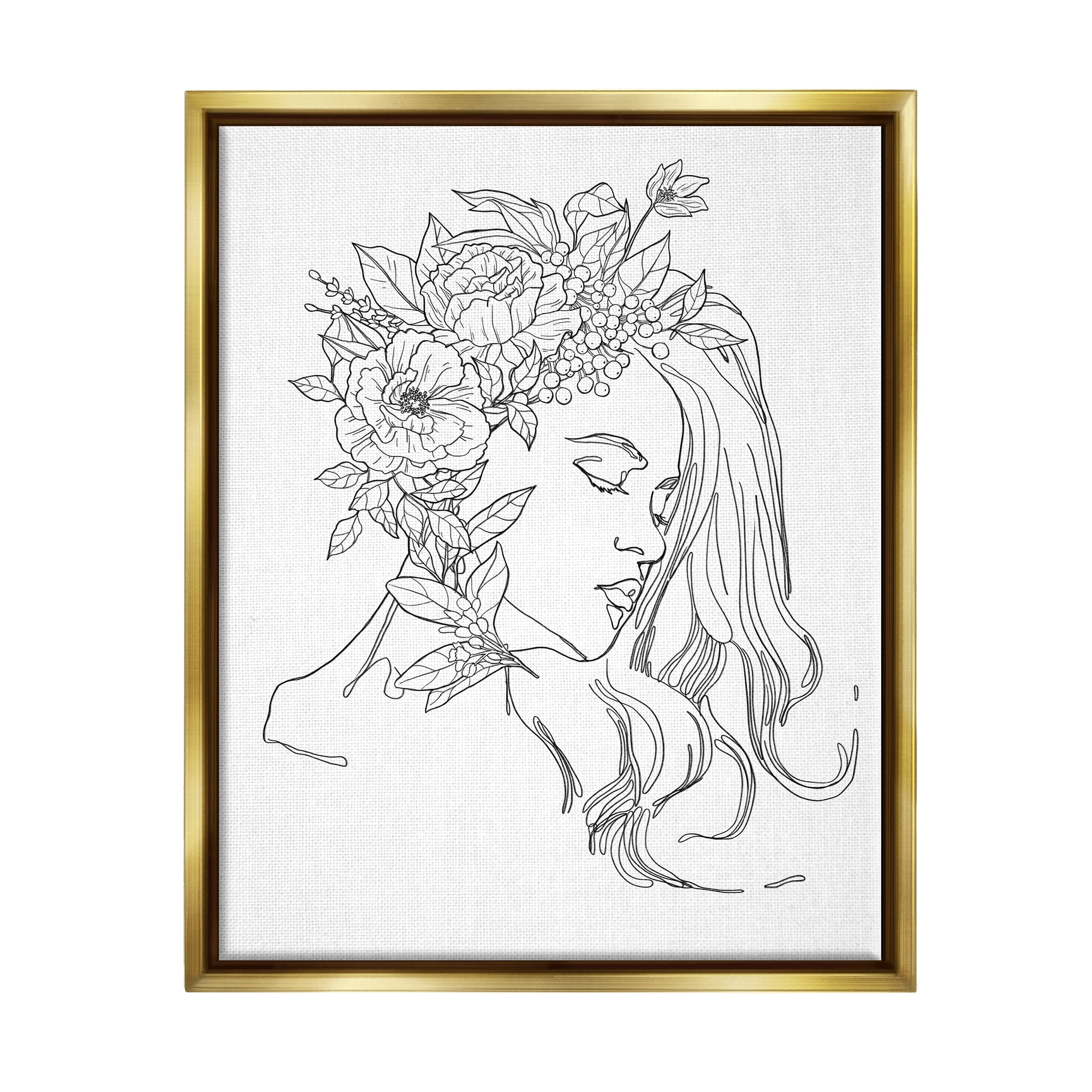 Stupell Industries Woman Face Detailed Blossoming Flowers Line Drawing Graphic Art Metallic Gold Floating Framed Canvas Print Wall Art, Design by Ziwei Li