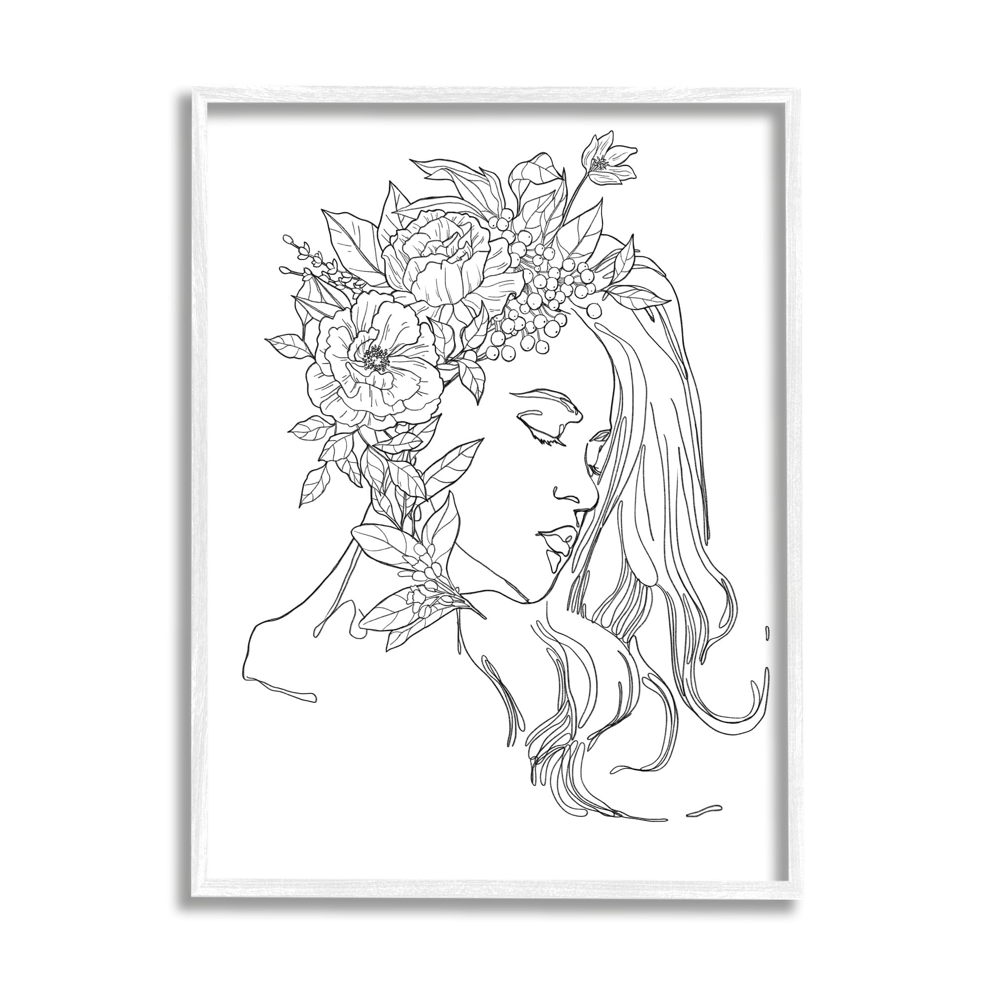 Stupell Industries Woman Face Detailed Blossoming Flowers Line Drawing Graphic Art White Framed Art Print Wall Art, Design by Ziwei Li