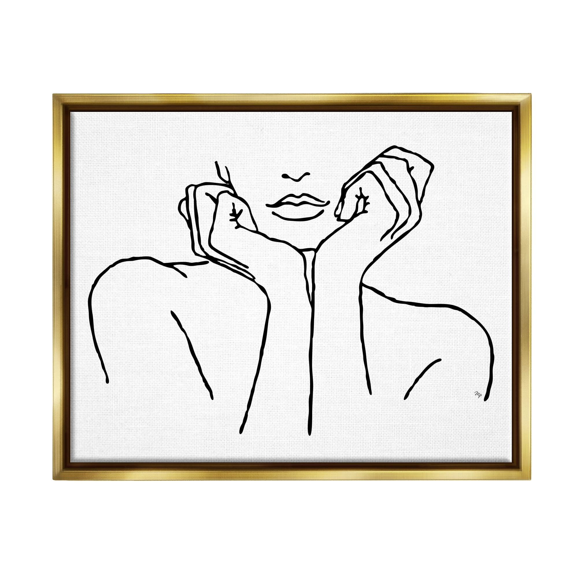 Stupell Industries Woman Face Outline Doodle Abstract Painting Gold Floater Framed Art Print Wall Art, 31 x 25
