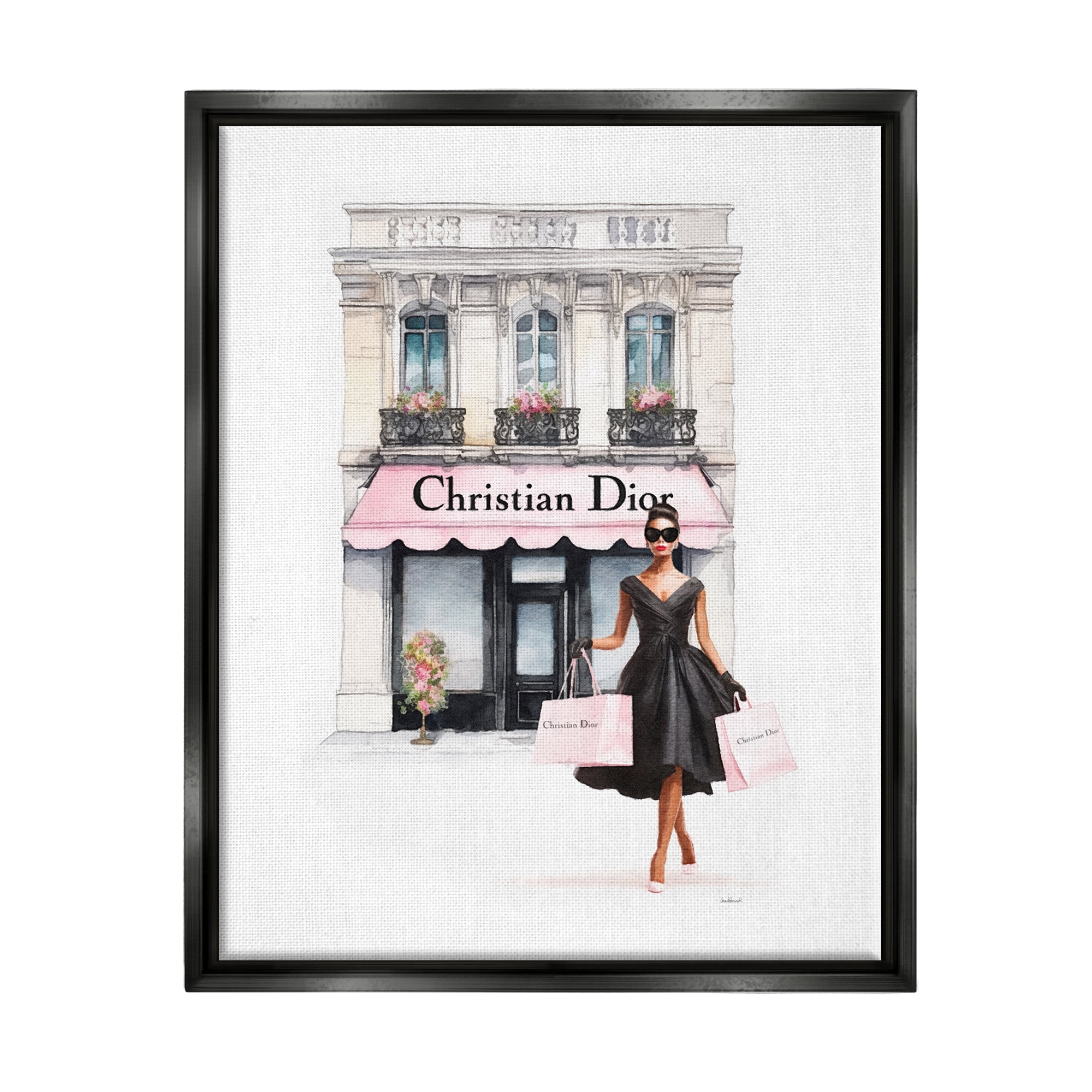 Stupell Industries Woman & Fashion Shop Town & City Painting Black Floater Framed Canvas Art Print Wall Art, 25 x 31