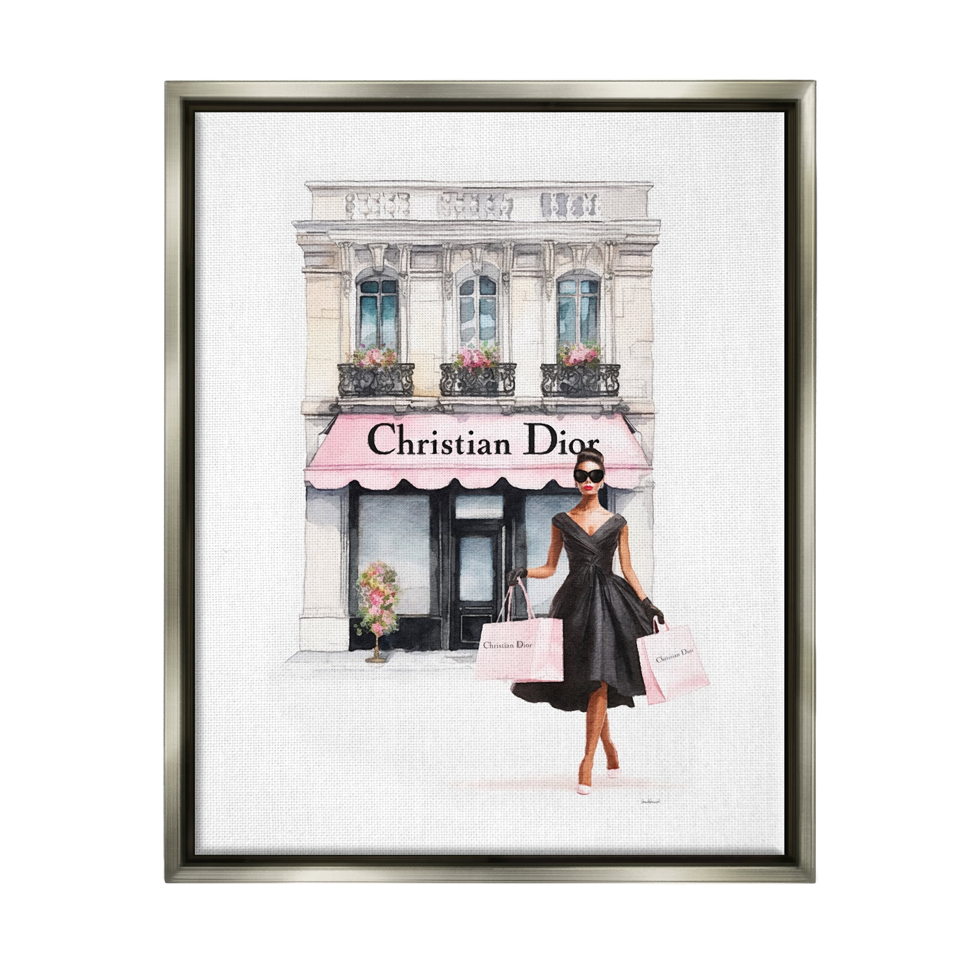 Stupell Industries Woman & Fashion Shop Town & City Painting Gray Floater Framed Canvas Art Print Wall Art, 17 x 21