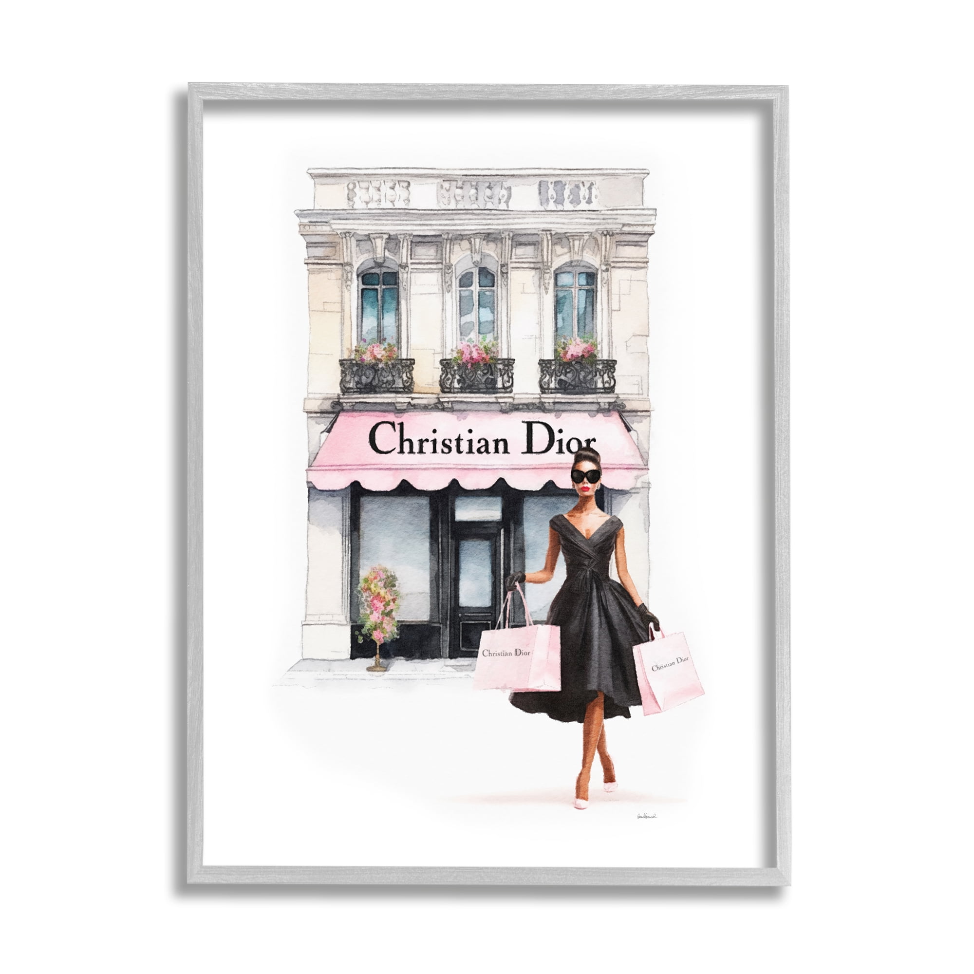 Stupell Industries Woman & Fashion Shop Town & City Painting Gray Framed Art Print Wall Art, 16 x 20