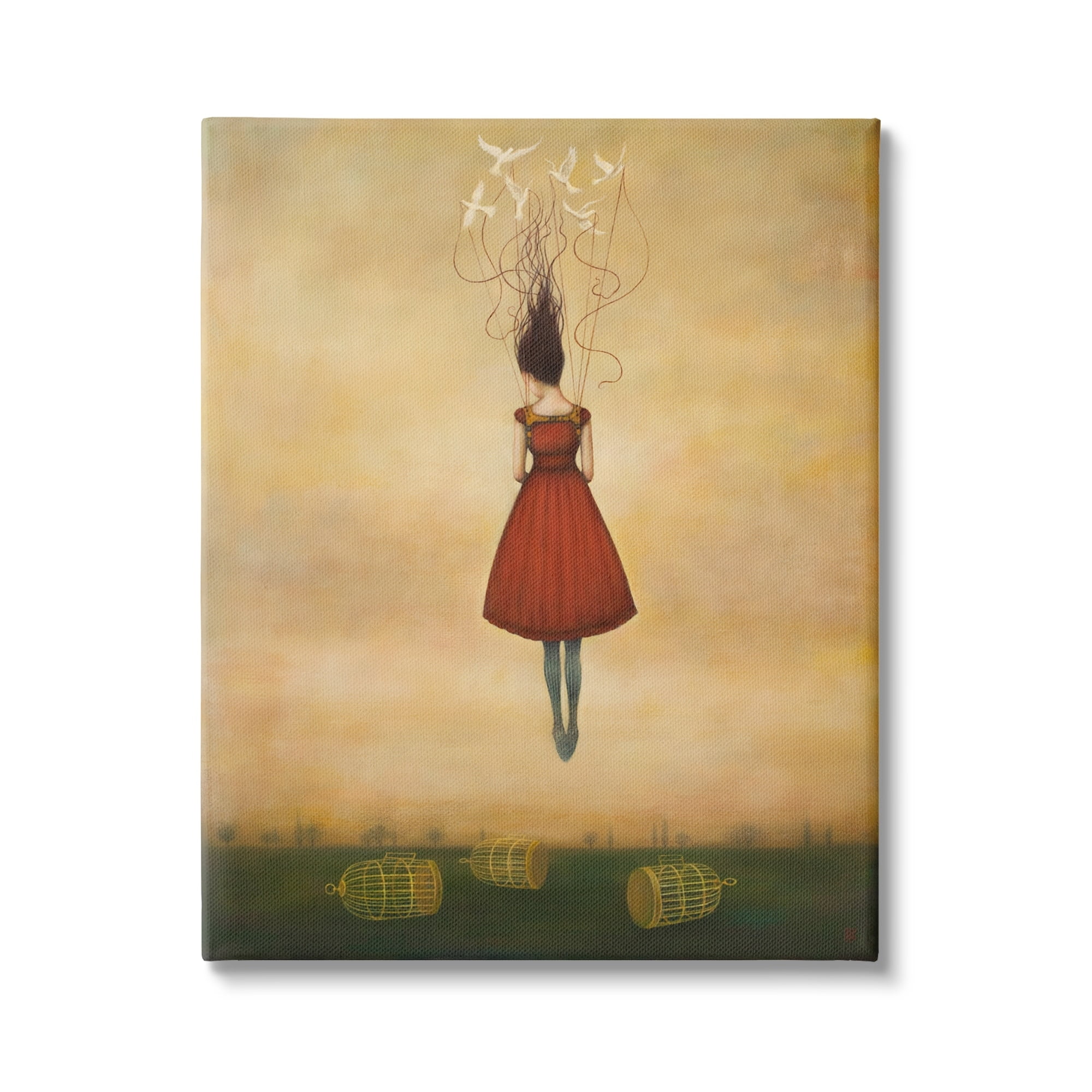Stupell Industries Woman Floating Birdcage Doves Red Dress Surreal Design Canvas Wall Art, 24 x 30, Design by Anna Dittman