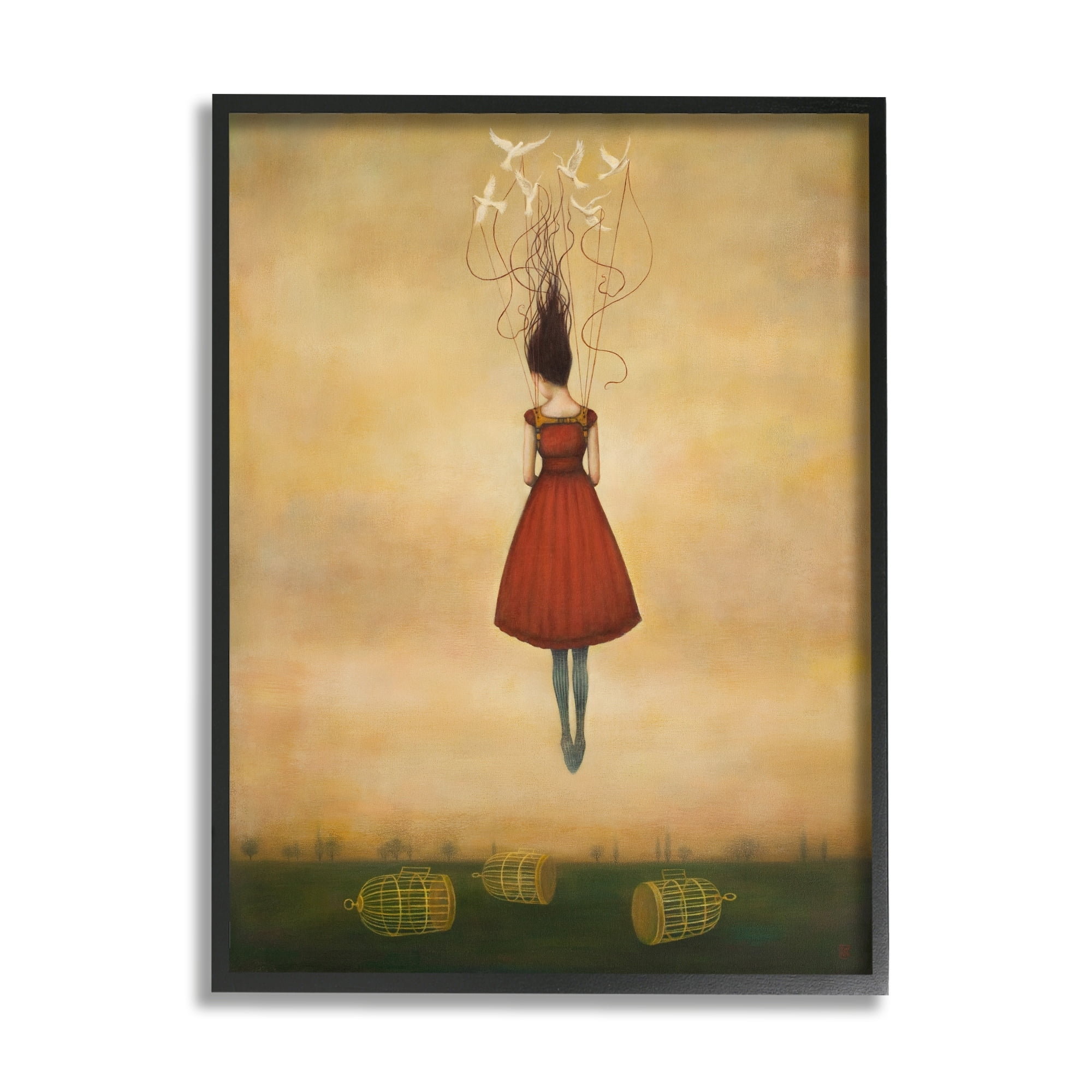 Stupell Industries Woman Floating Birdcage Doves Red Dress Surreal Design Framed Wall Art, 16 x 20, Design by Anna Dittman