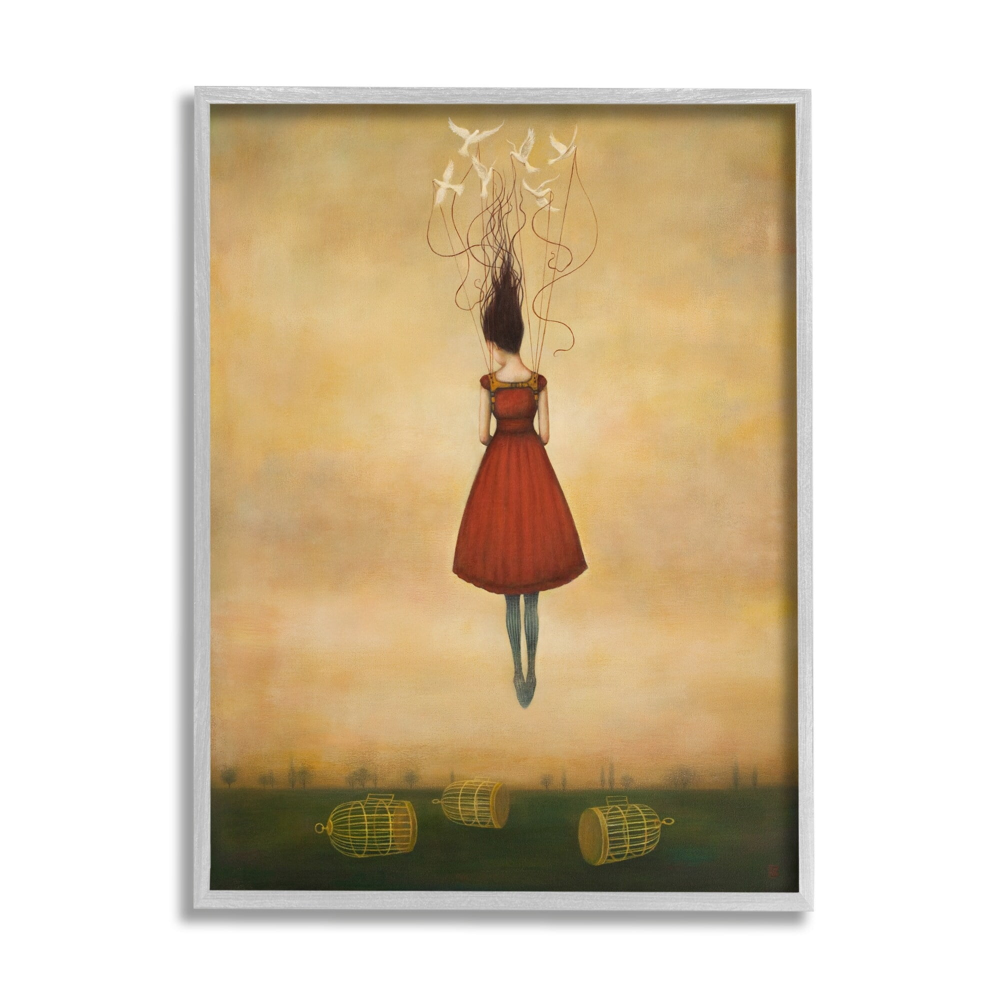 Stupell Industries Woman Floating Birdcage Doves Red Dress Surreal Design Framed Wall Art, 24 x 30, Design by Anna Dittman