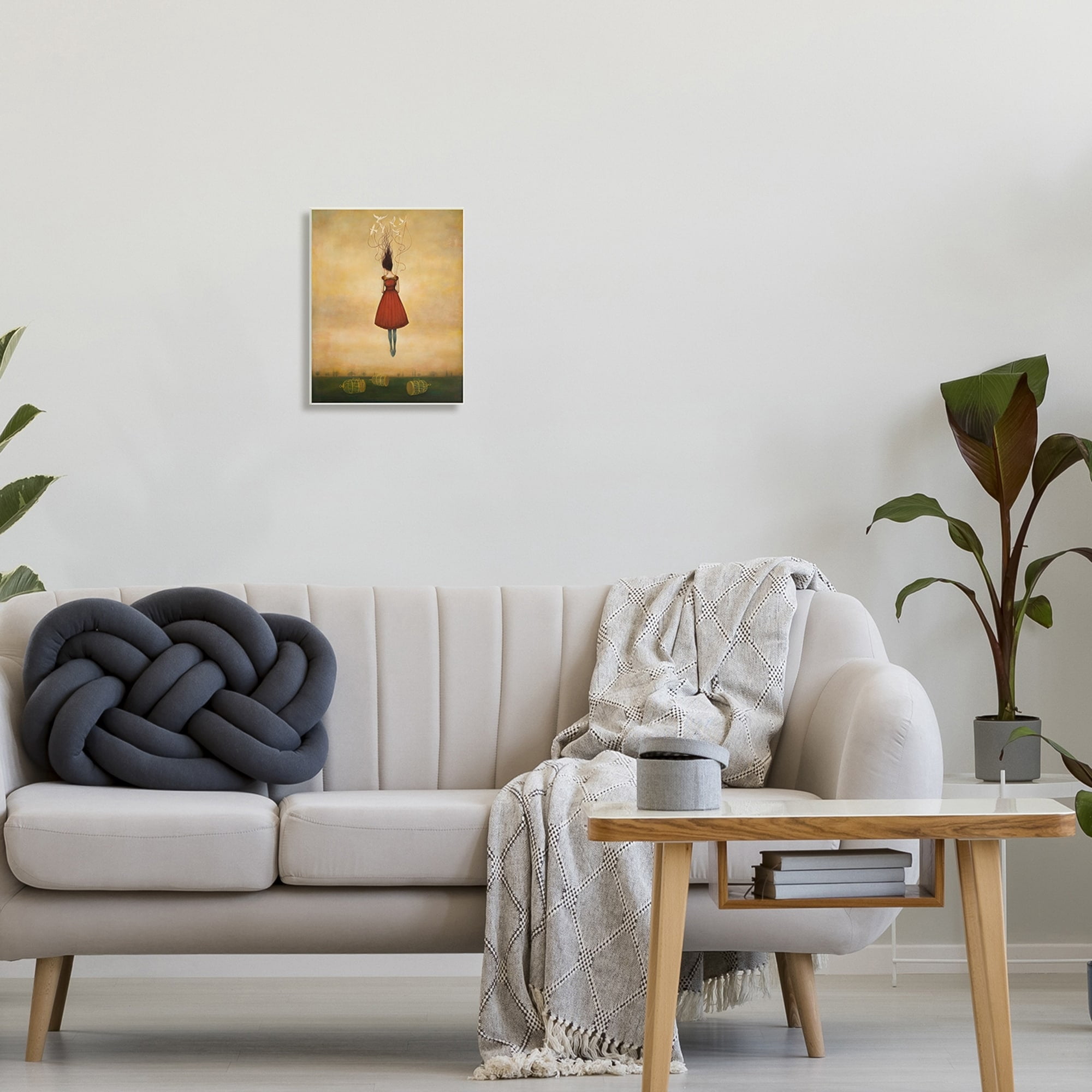 Stupell Industries Woman Floating Birdcage Doves Red Dress Surreal Design Wood Wall Art, 10 x 15, Design by Anna Dittman