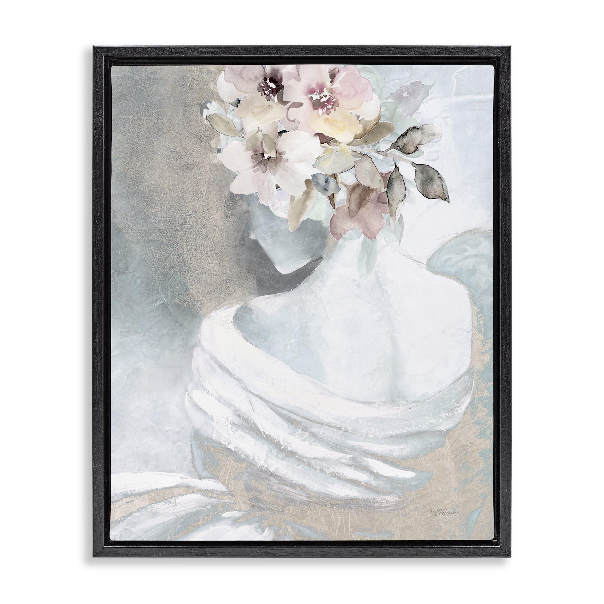 Stupell Industries Woman & Florals Visage Novelty Painting Black Floater Framed Art Print Wall Art, 17 x 21