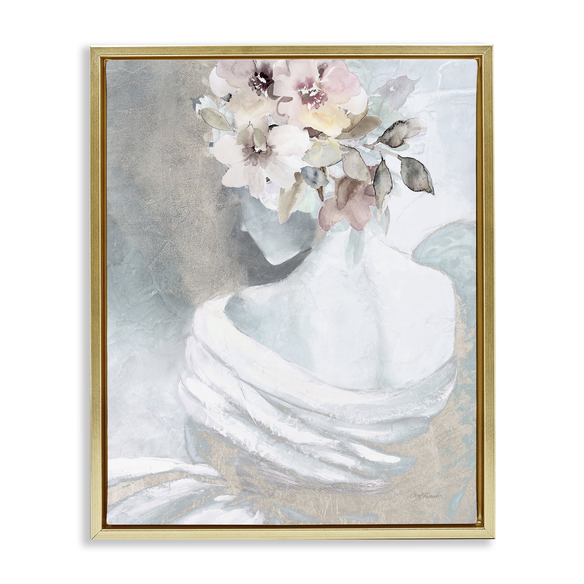 Stupell Industries Woman & Florals Visage Novelty Painting Gold Floater Framed Art Print Wall Art, 25 x 31