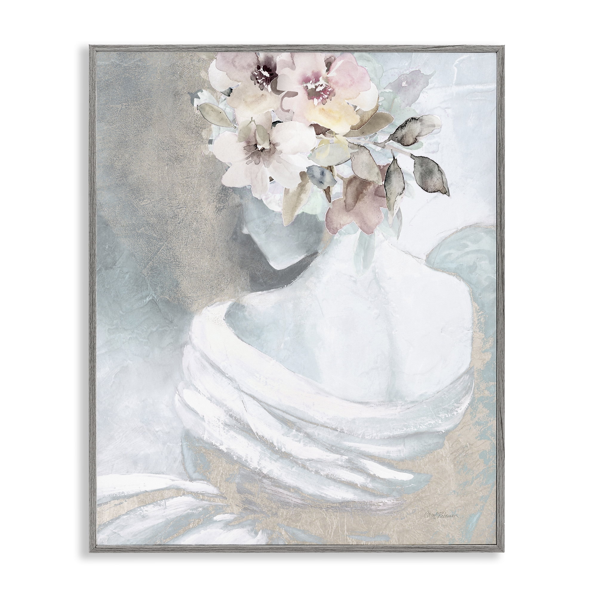 Stupell Industries Woman & Florals Visage Novelty Painting Gray Framed Art Print Wall Art, 16 x 20