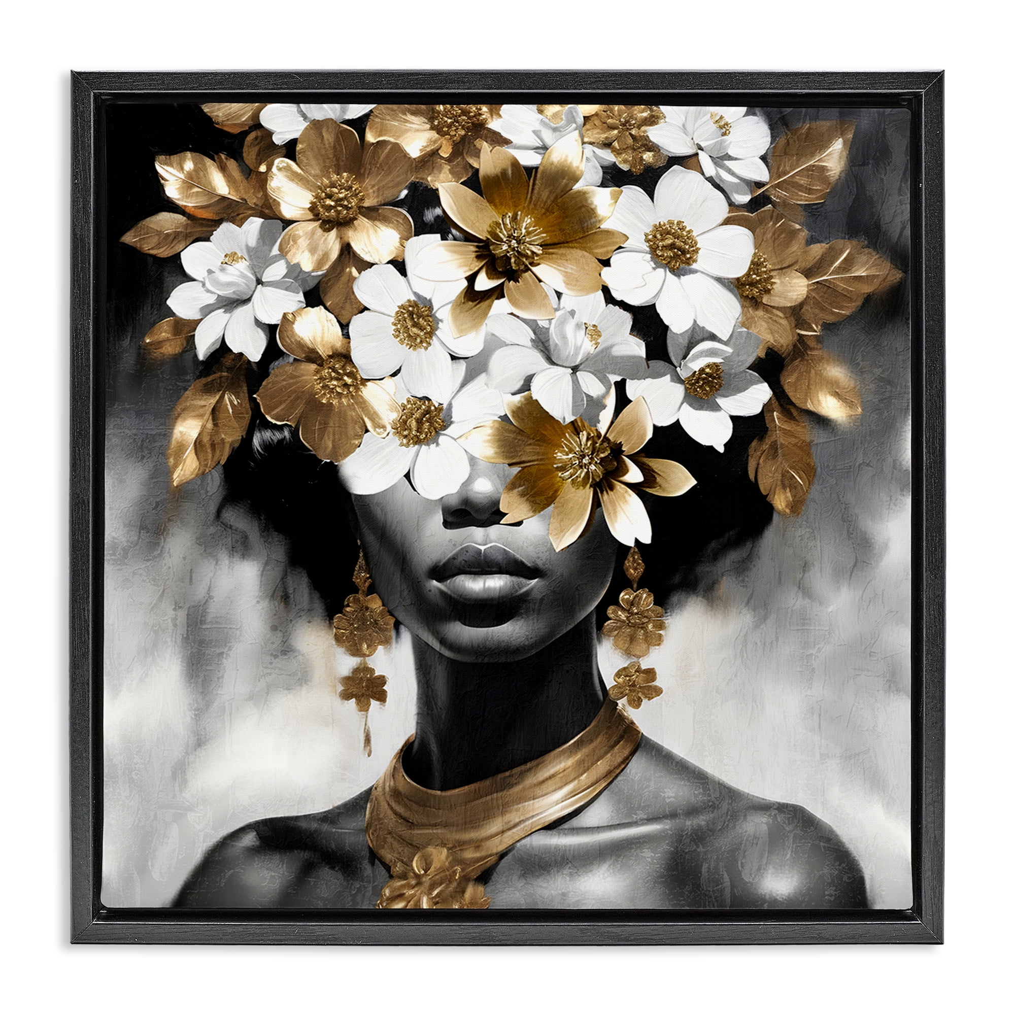 Stupell Industries Woman & Gold Flowers People Painting Black Floater Framed Canvas Art Print Wall Art, 25 x 25