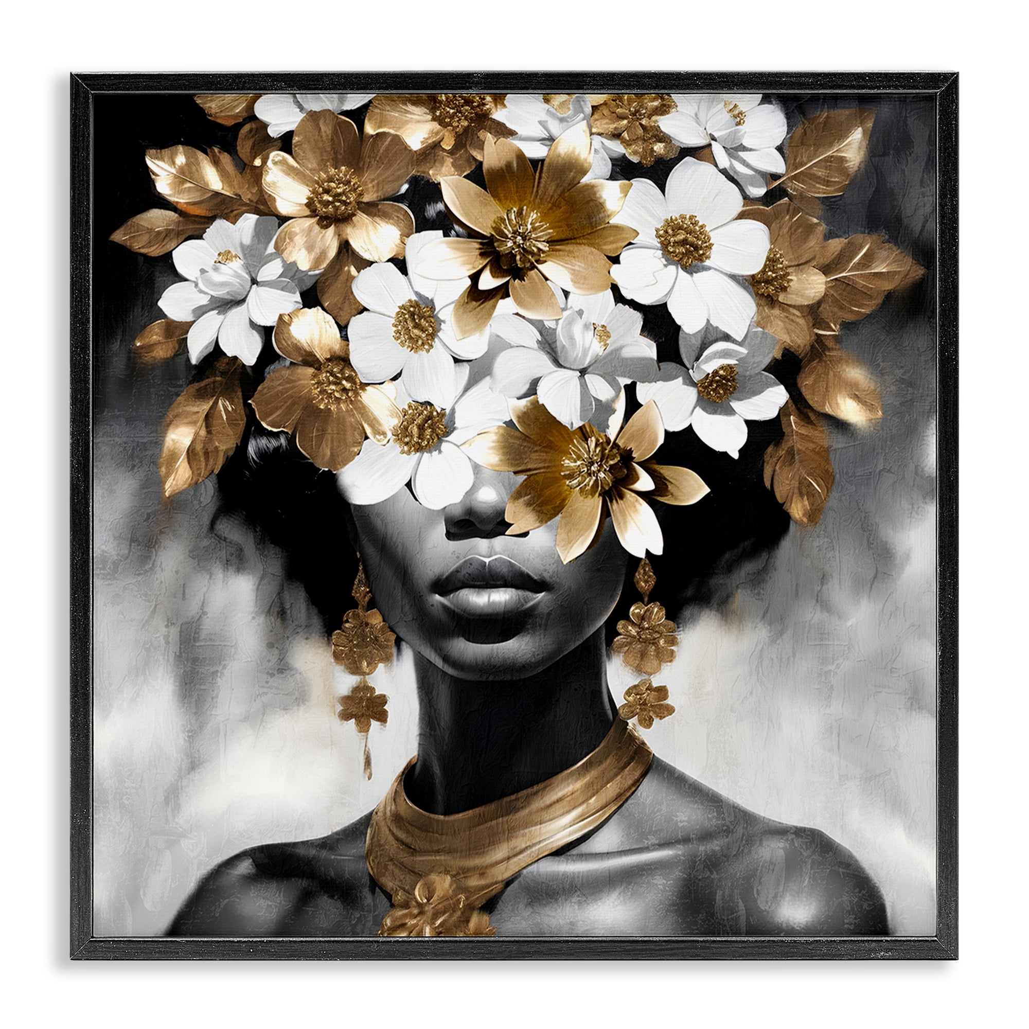 Stupell Industries Woman & Gold Flowers People Painting Black Framed Art Print Wall Art, 17 x 17