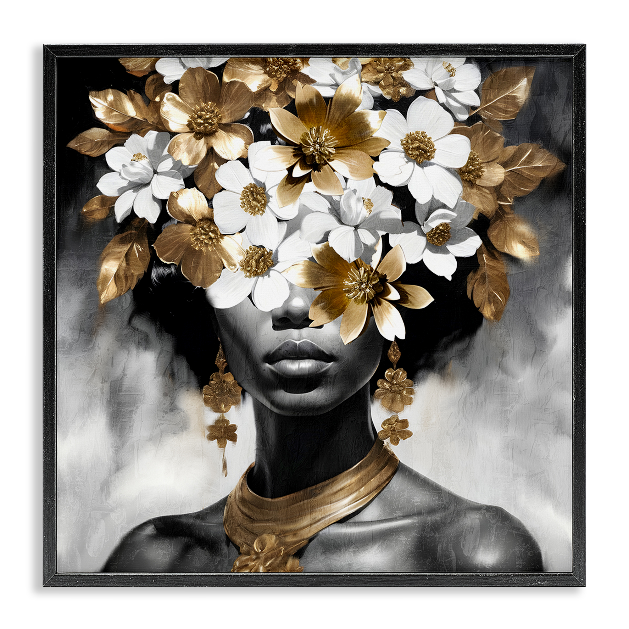 Stupell Industries Woman & Gold Flowers People Painting Black Framed Art Print Wall Art, 24 x 24