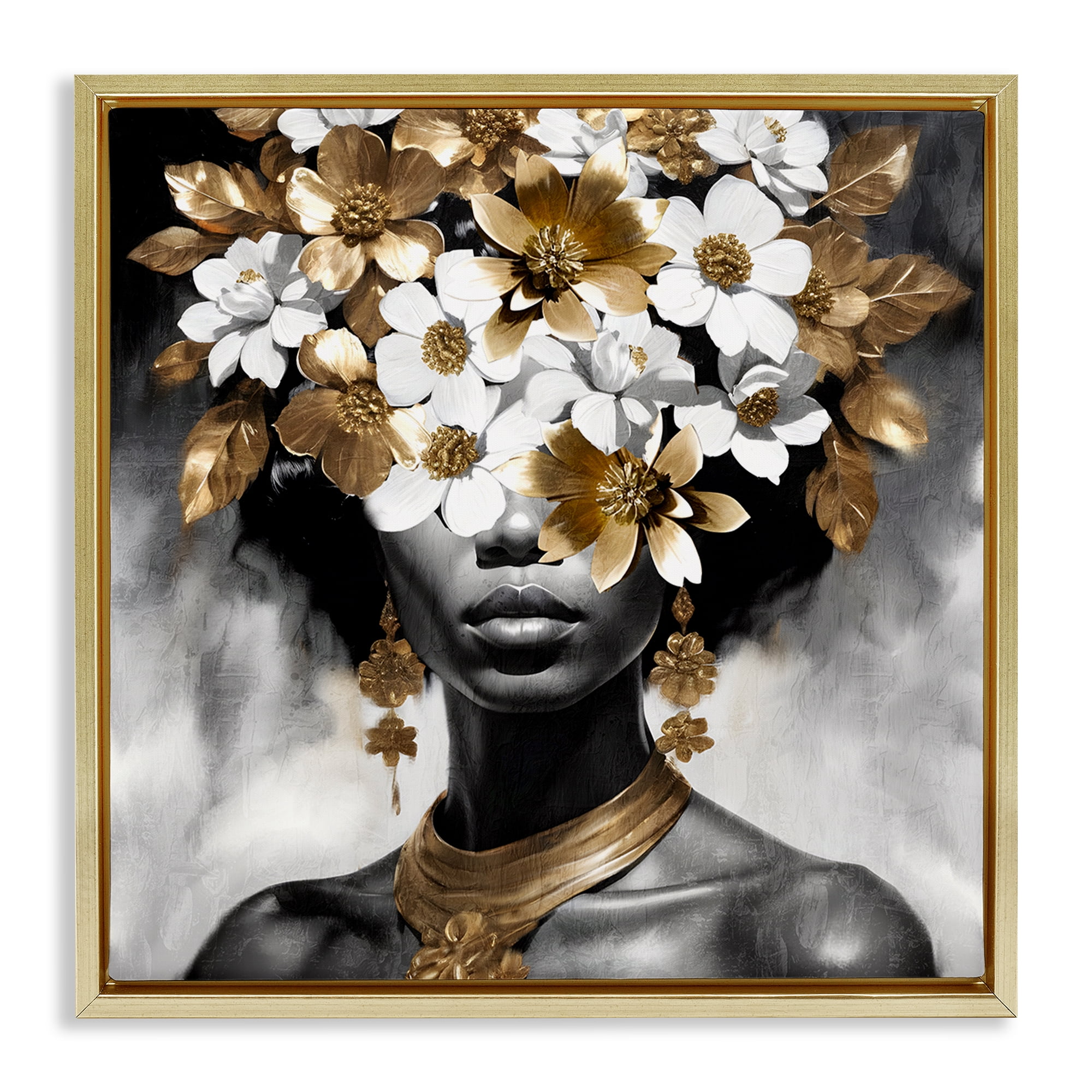 Stupell Industries Woman & Gold Flowers People Painting Gold Floater Framed Canvas Art Print Wall Art, 18 x 18