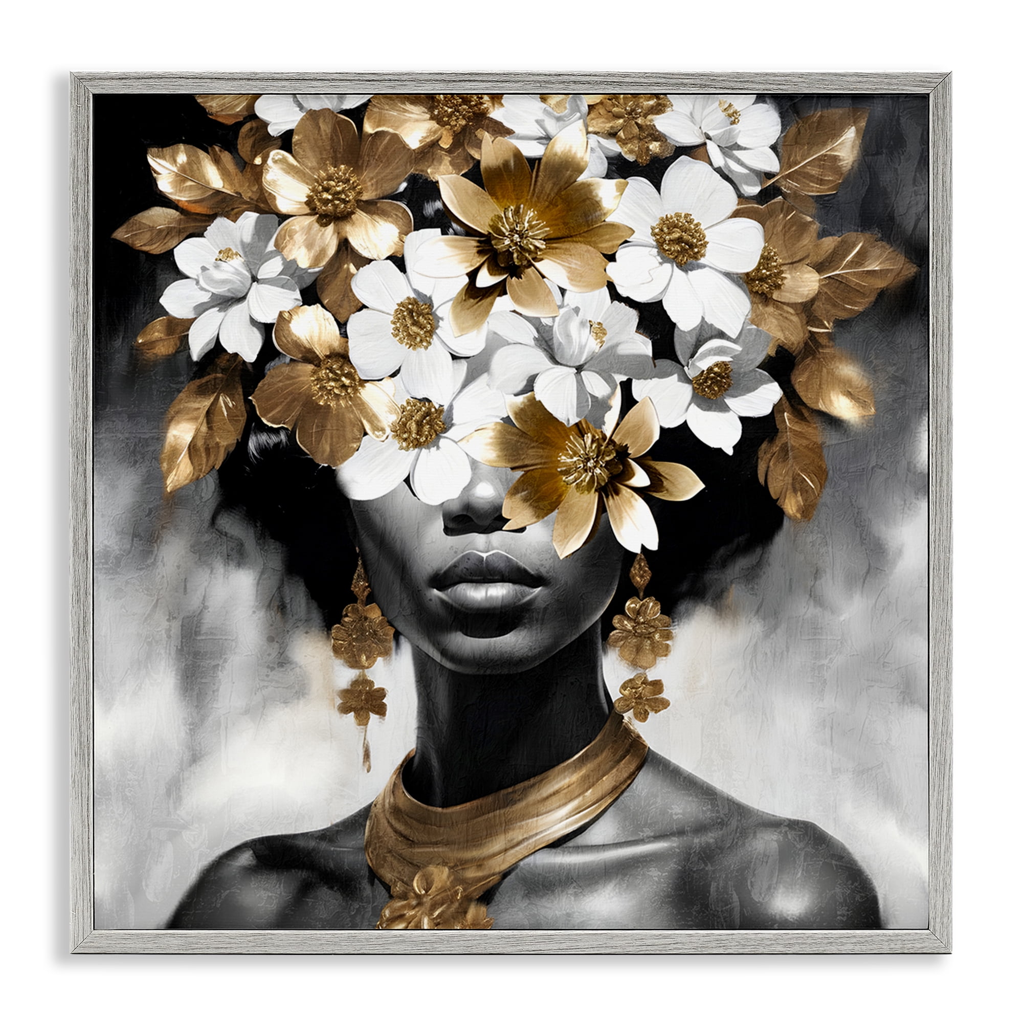 Stupell Industries Woman & Gold Flowers People Painting Gray Framed Art Print Wall Art, 12 x 12