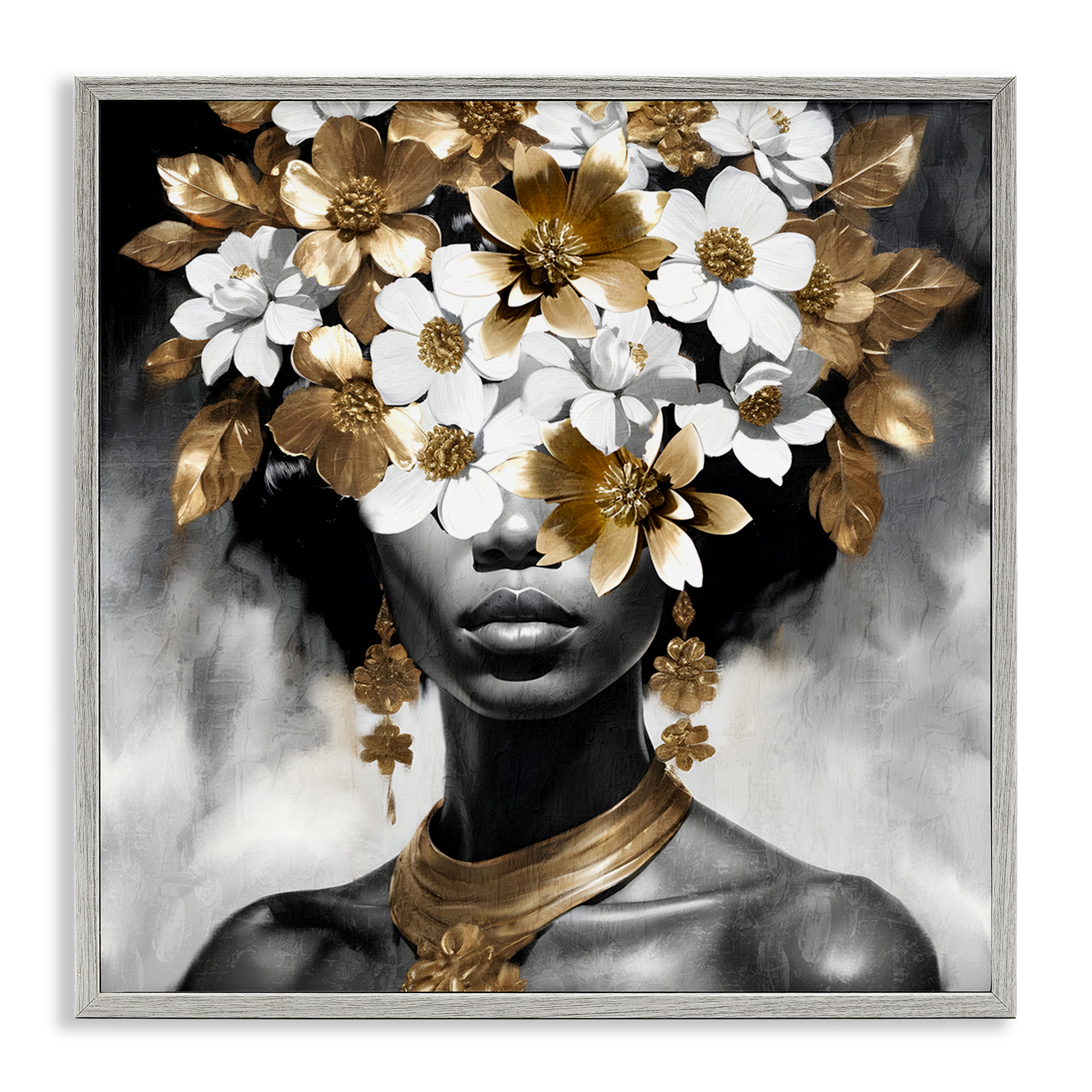 Stupell Industries Woman & Gold Flowers People Painting Gray Framed Art Print Wall Art, 24 x 24