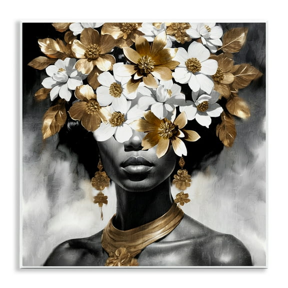 Stupell Industries Woman & Gold Flowers People Painting Unframed Art Print Wall Art, 12 x 12