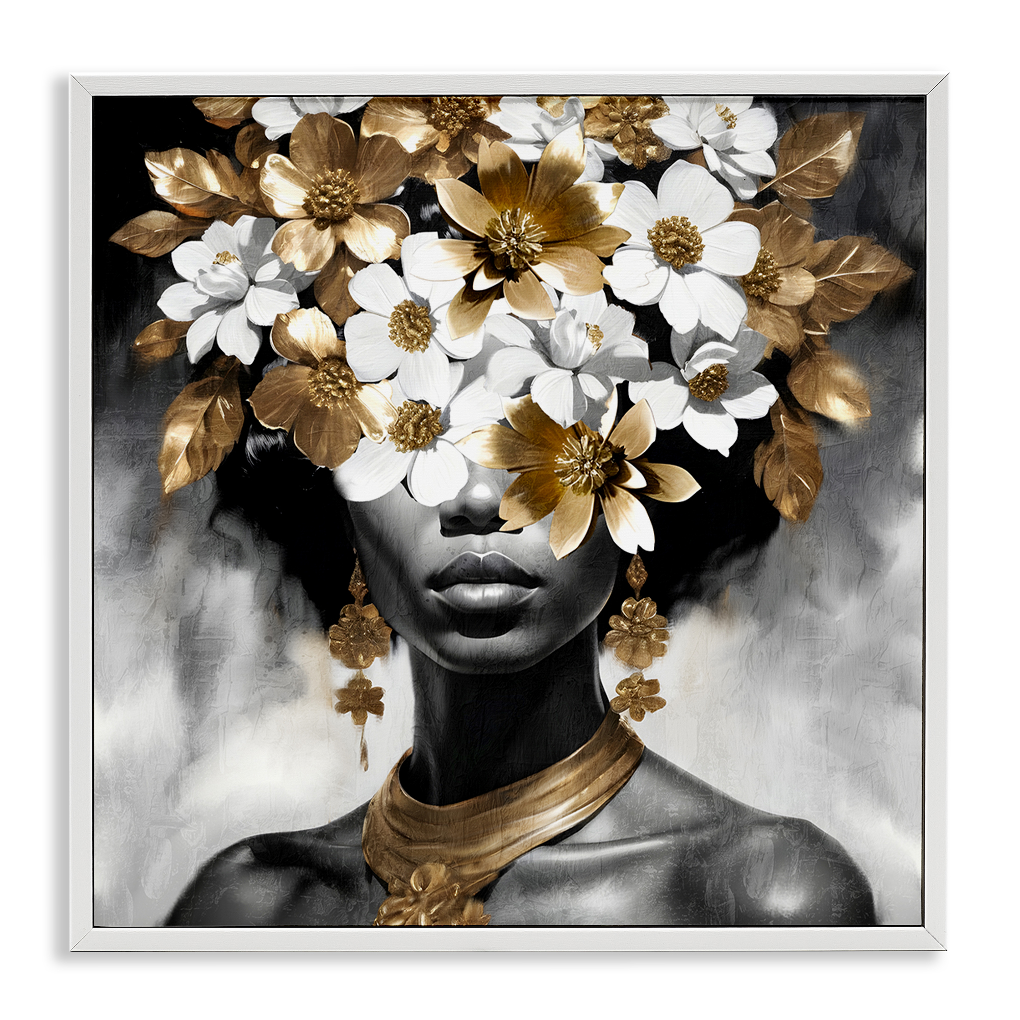 Stupell Industries Woman & Gold Flowers People Painting White Framed Art Print Wall Art, 17 x 17