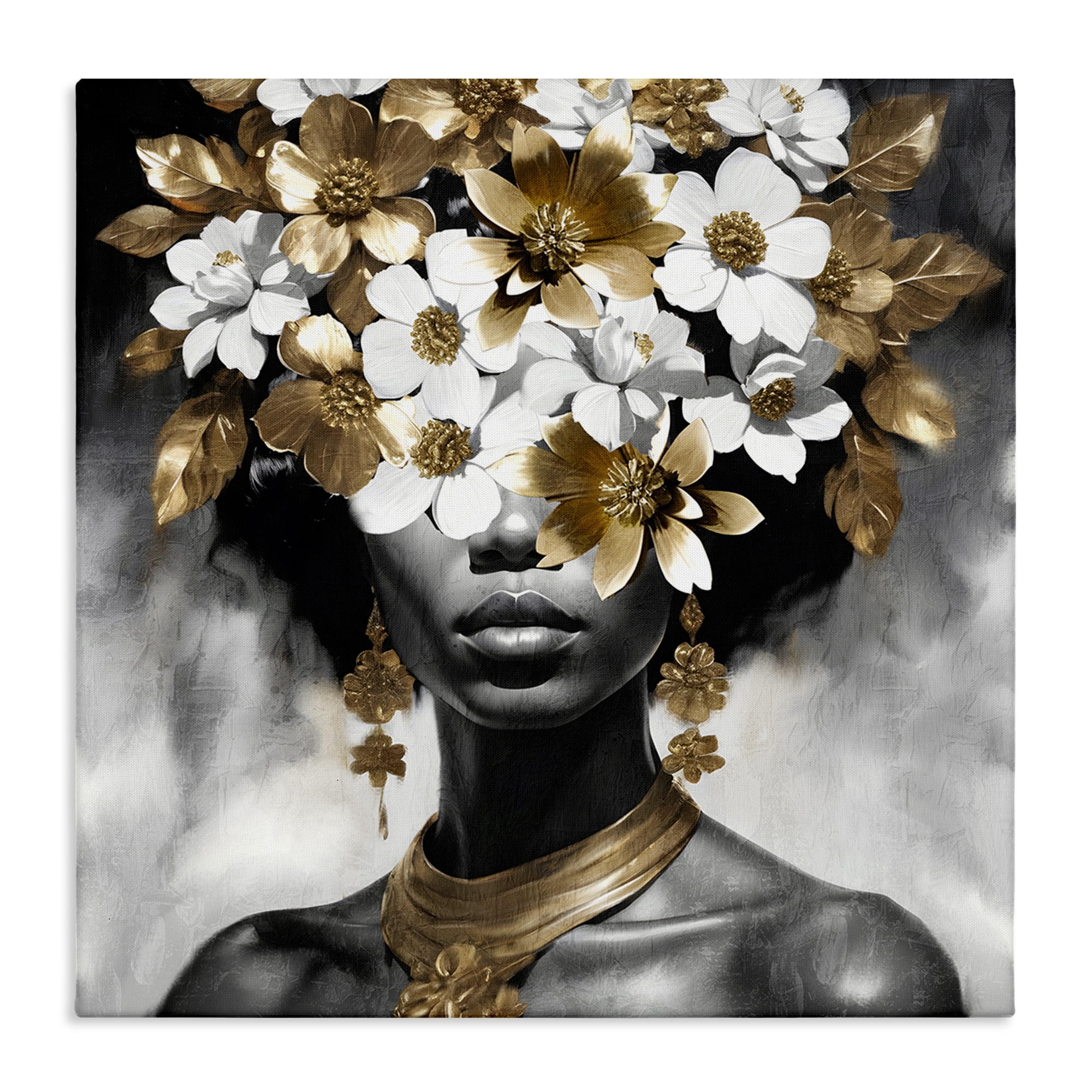 Stupell Industries Woman & Gold Flowers People Painting Wrapped Canvas Art Print Wall Art, 30 x 30