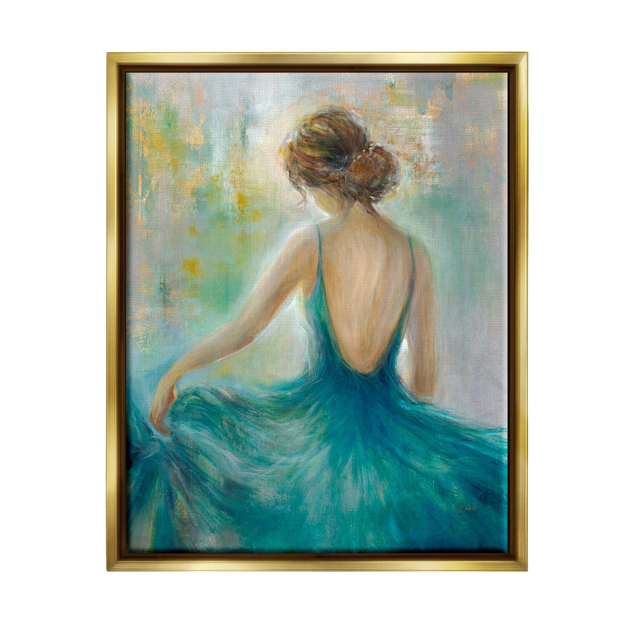 Stupell Industries Woman Green Dress Painting Beauty & Fashion Painting Gold Floater Framed Art Print Wall Art