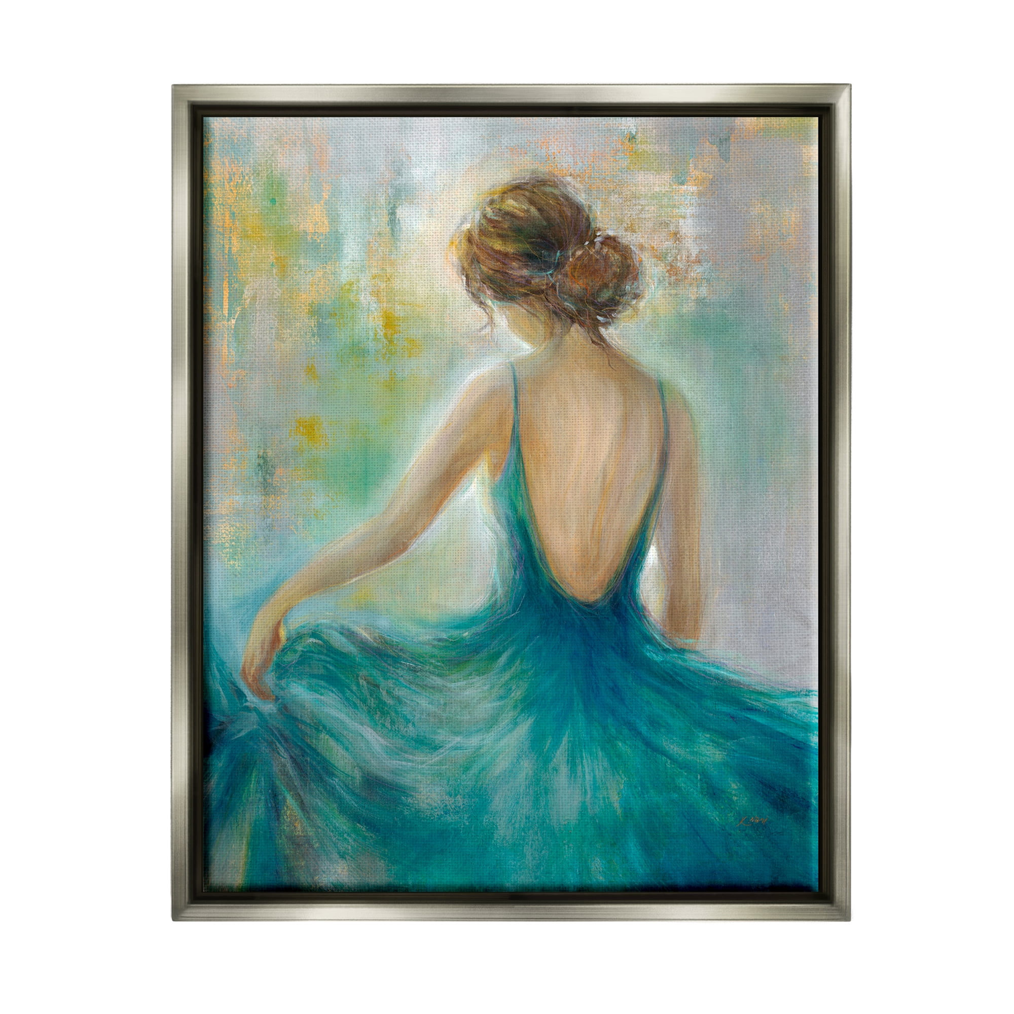 Stupell Industries Woman Green Dress Painting Beauty & Fashion Painting Gray Floater Framed Art Print Wall Art