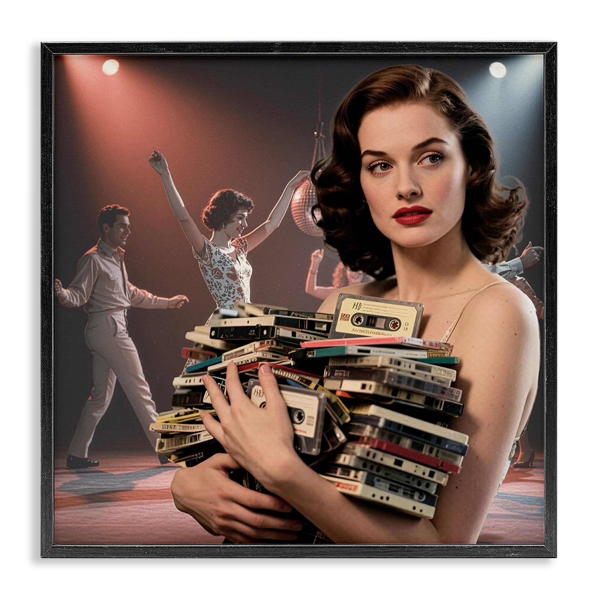 Stupell Industries Woman Holding Vintage Cassette Collection Black Framed Giclee Art, design by CAD Designs