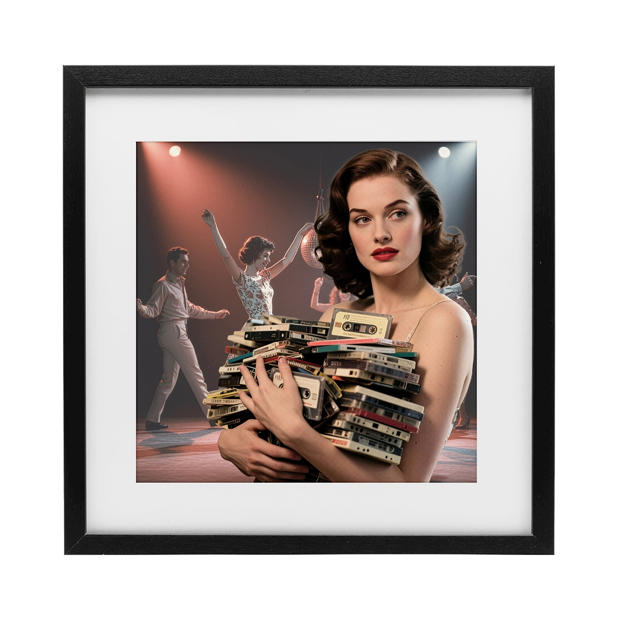 Stupell Industries Woman Holding Vintage Cassette Collection Black Framed Print Under Glass, design by CAD Designs