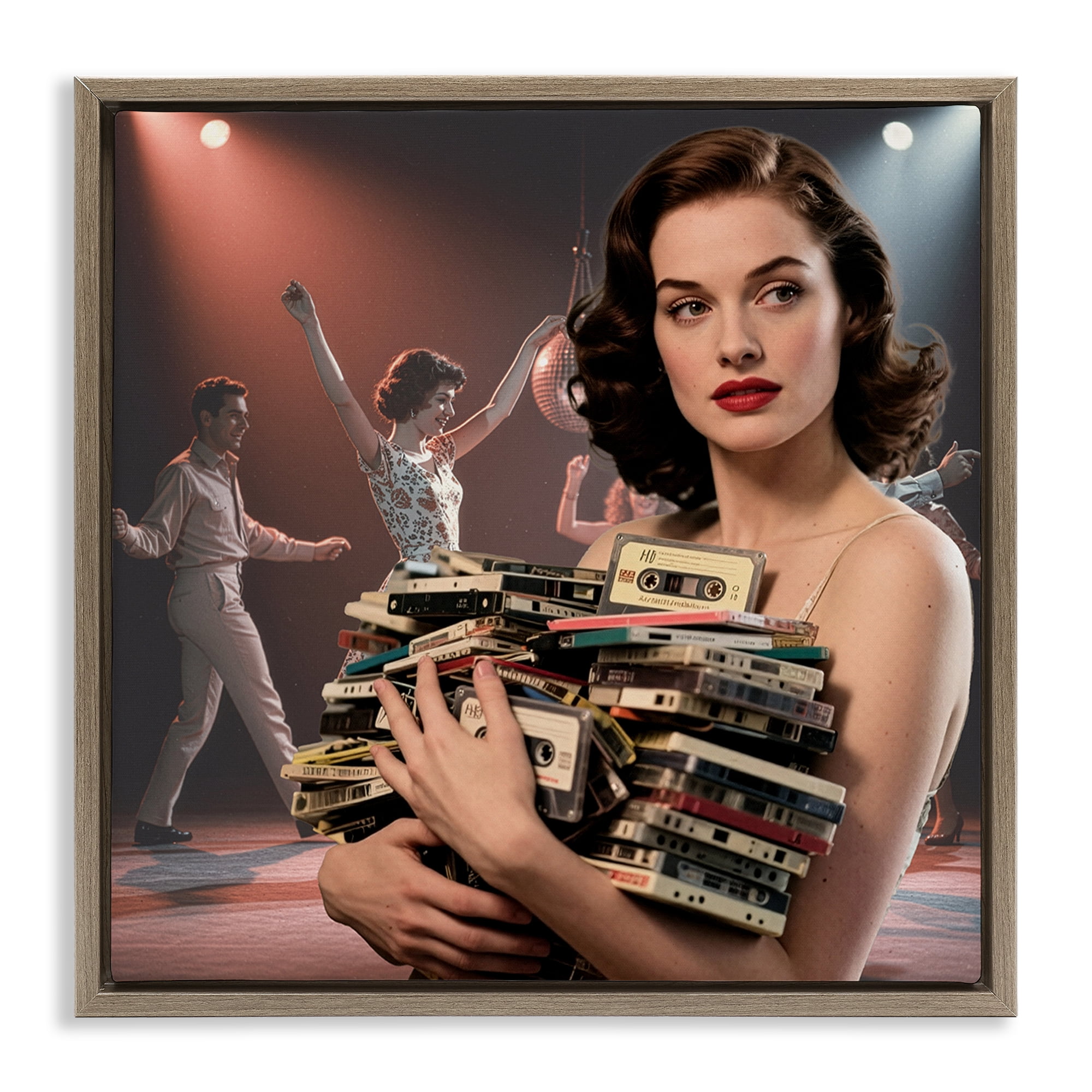 Stupell Industries Woman Holding Vintage Cassette Collection Brown Framed Floater Canvas Wall Art, design by CAD Designs