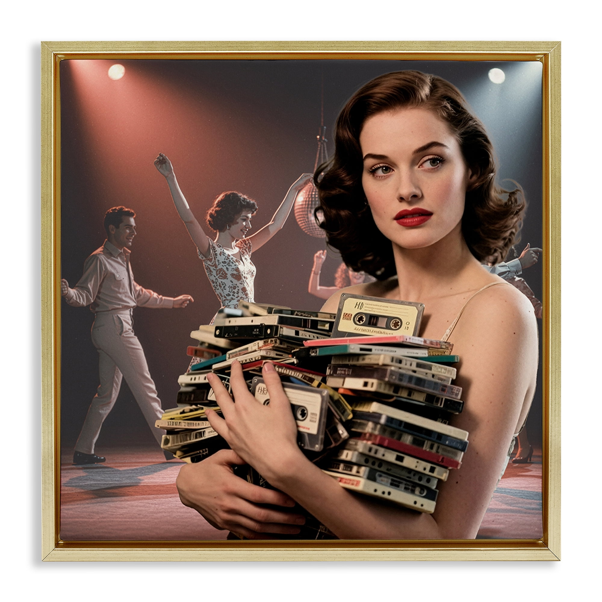 Stupell Industries Woman Holding Vintage Cassette Collection Gold Framed Floater Canvas Wall Art, design by CAD Designs