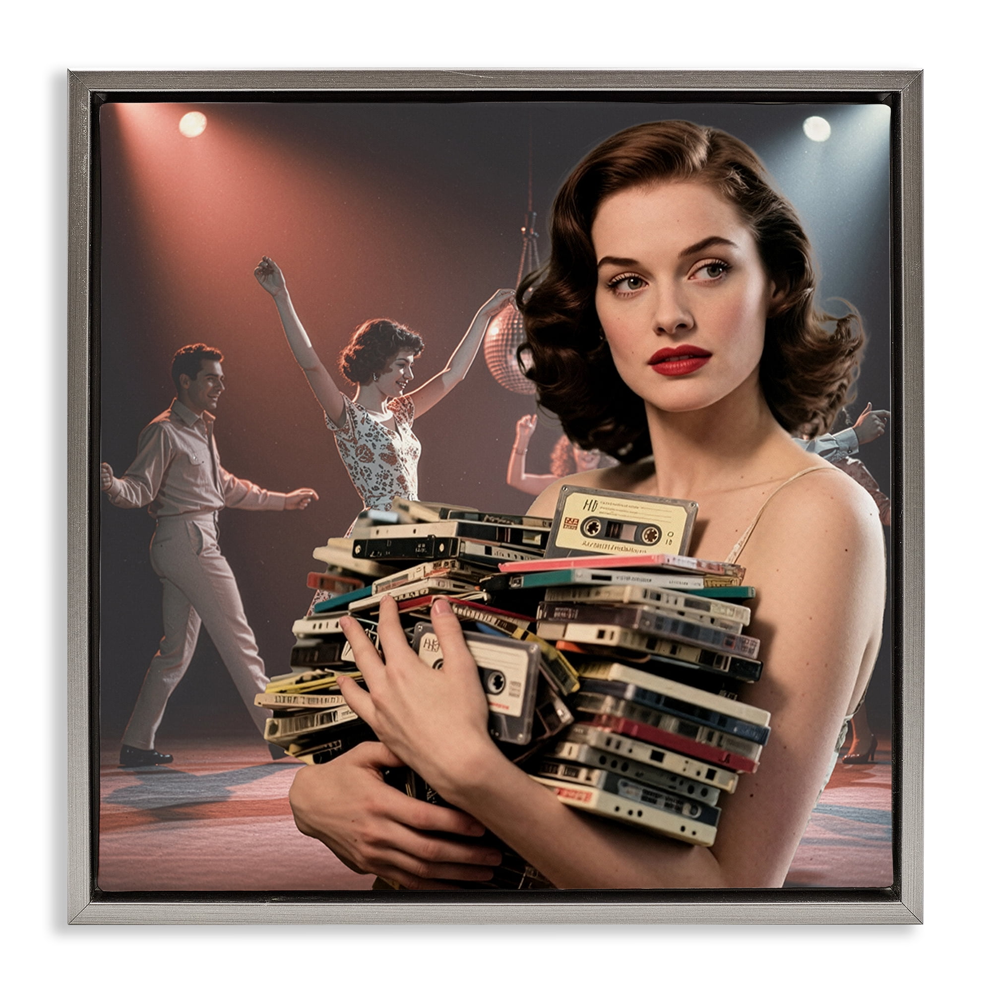 Stupell Industries Woman Holding Vintage Cassette Collection Gray Framed Floater Canvas Wall Art, design by CAD Designs