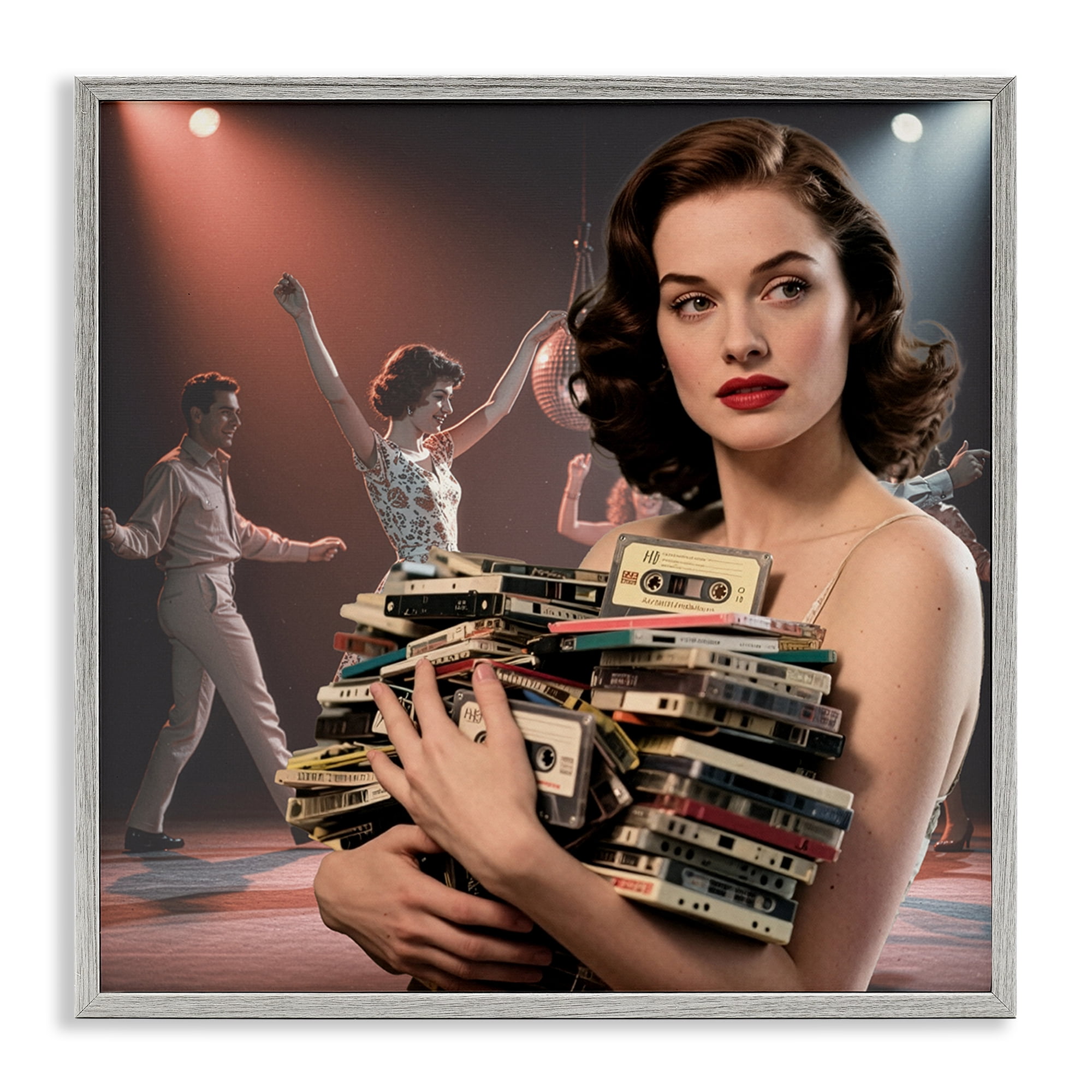 Stupell Industries Woman Holding Vintage Cassette Collection Gray Framed Giclee Art, design by CAD Designs