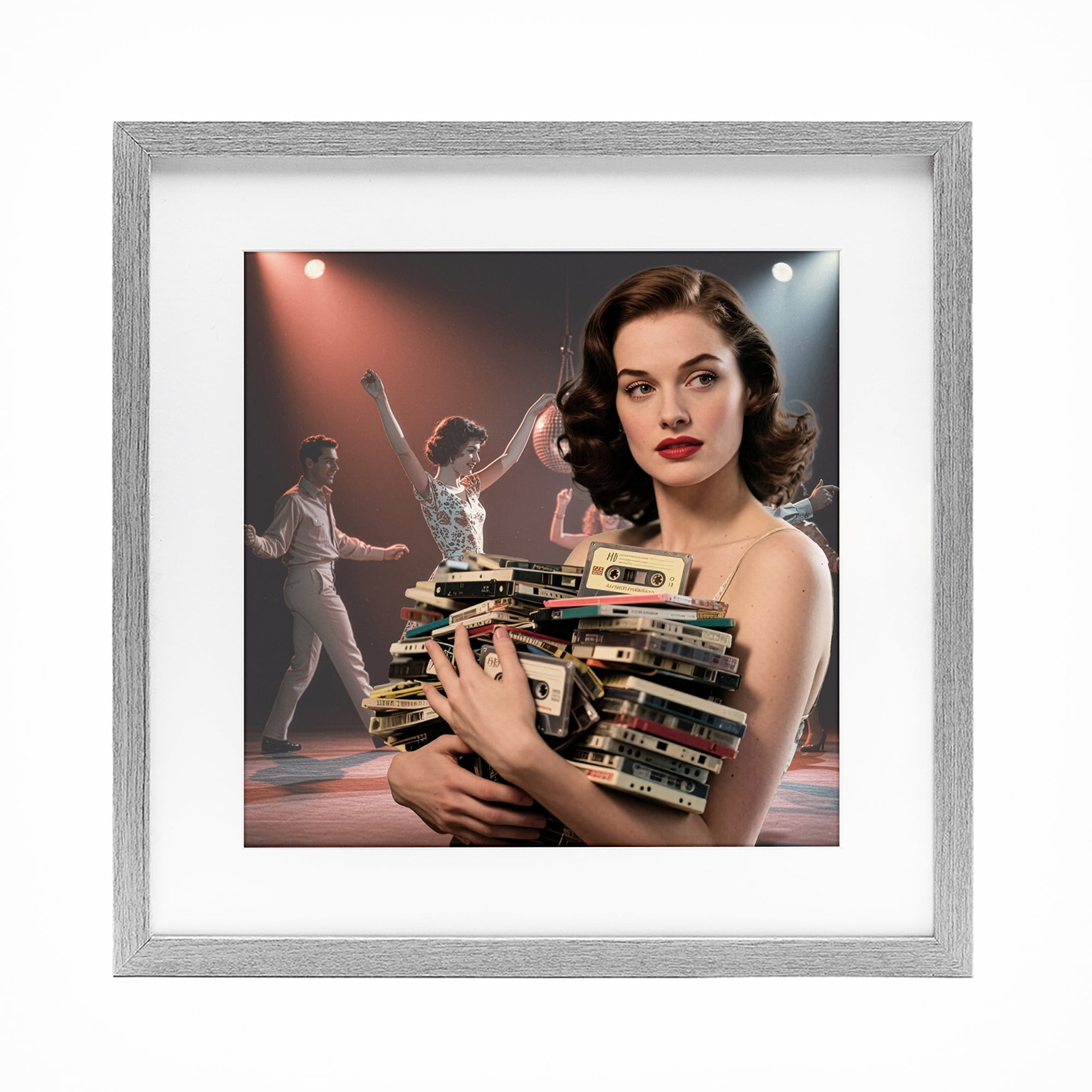 Stupell Industries Woman Holding Vintage Cassette Collection Gray Framed Print Under Glass, design by CAD Designs