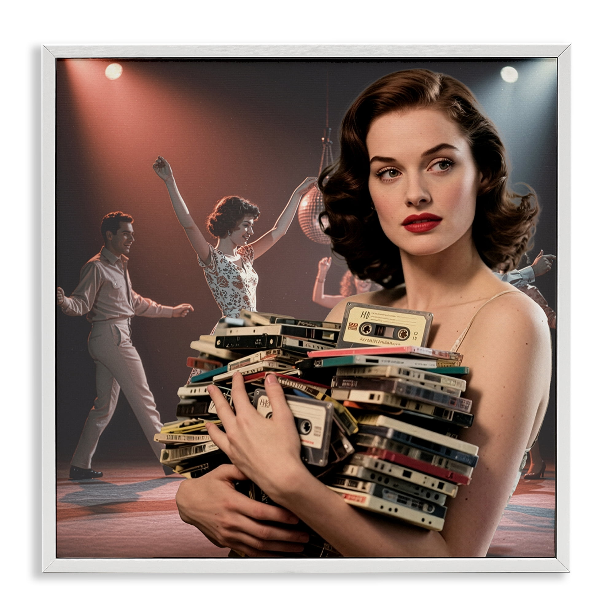Stupell Industries Woman Holding Vintage Cassette Collection White Framed Giclee Art, design by CAD Designs