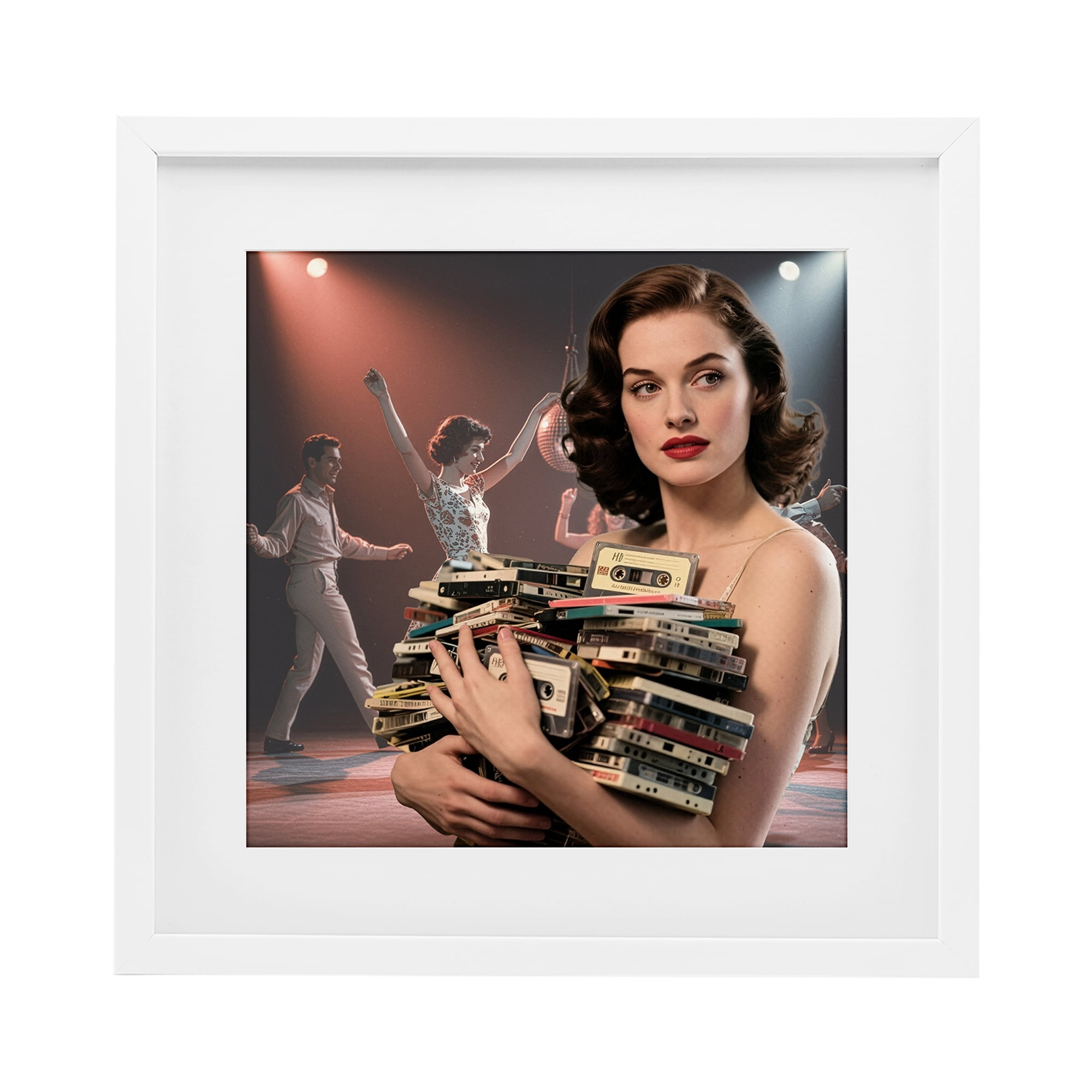 Stupell Industries Woman Holding Vintage Cassette Collection White Framed Print Under Glass, design by CAD Designs