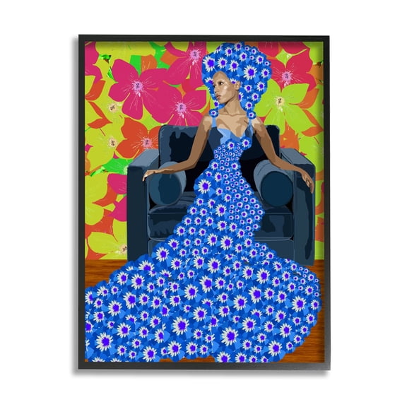 Stupell Industries Woman In Blue Retro Floral Pattern Botanical & Floral Painting Black Framed Art Print Wall Art