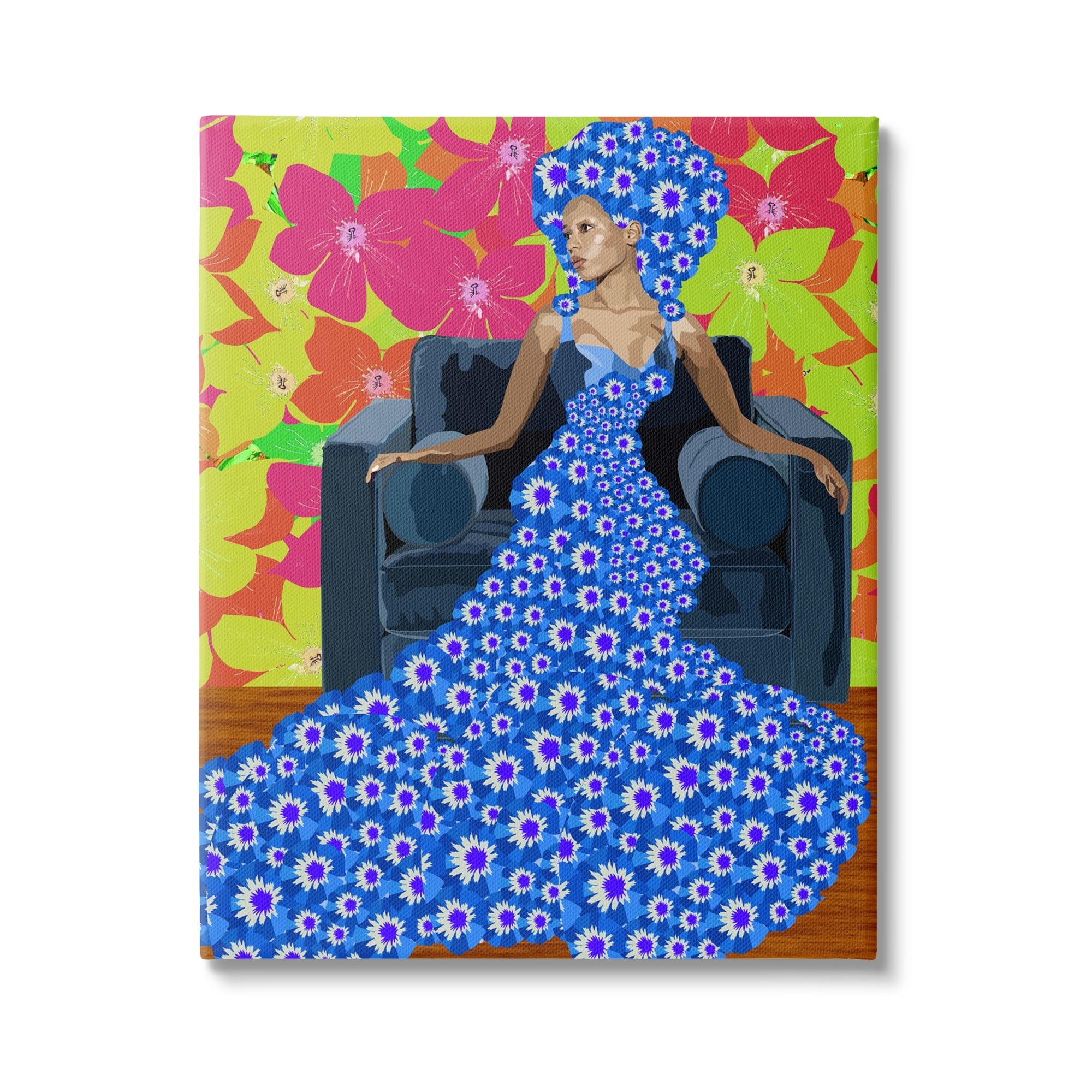 Stupell Industries Woman In Blue Retro Floral Pattern Botanical & Floral Painting Gallery Wrapped Canvas Print Wall Art