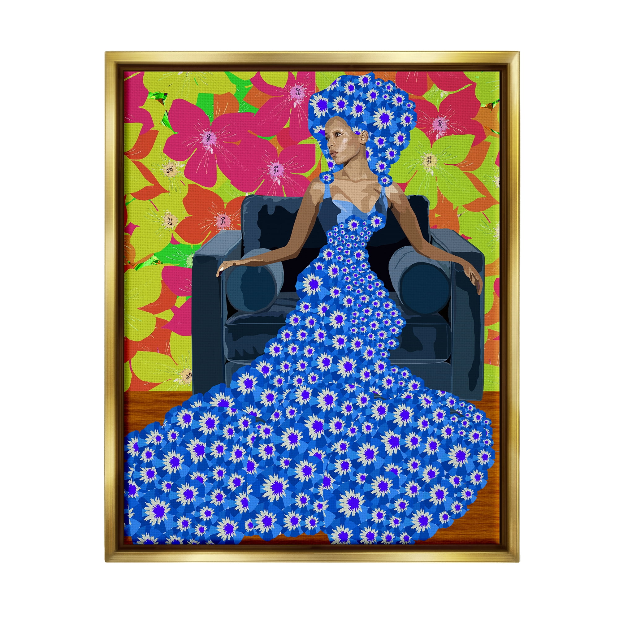 Stupell Industries Woman In Blue Retro Floral Pattern Botanical & Floral Painting Gold Floater Framed Art Print Wall Art