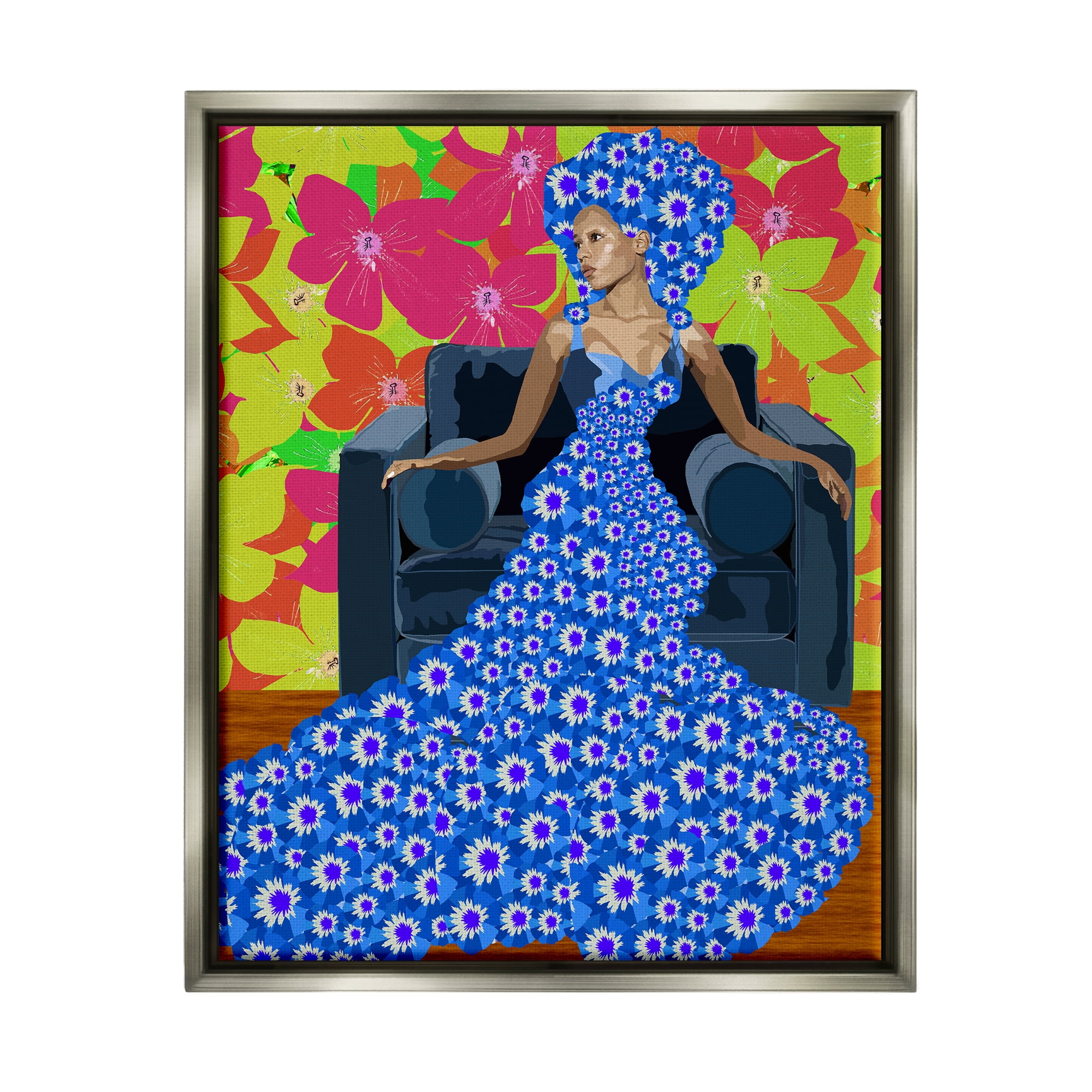Stupell Industries Woman In Blue Retro Floral Pattern Botanical & Floral Painting Gray Floater Framed Art Print Wall Art