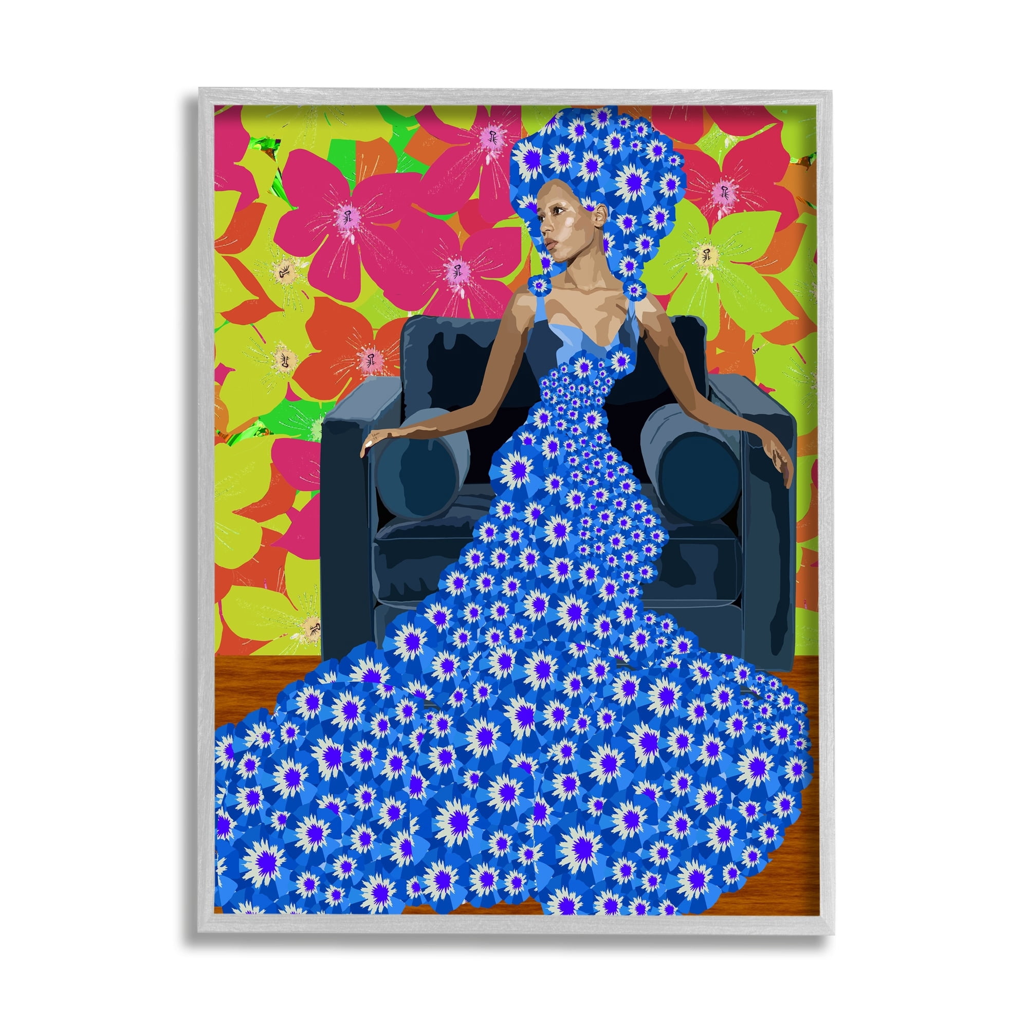 Stupell Industries Woman In Blue Retro Floral Pattern Botanical & Floral Painting Gray Framed Art Print Wall Art