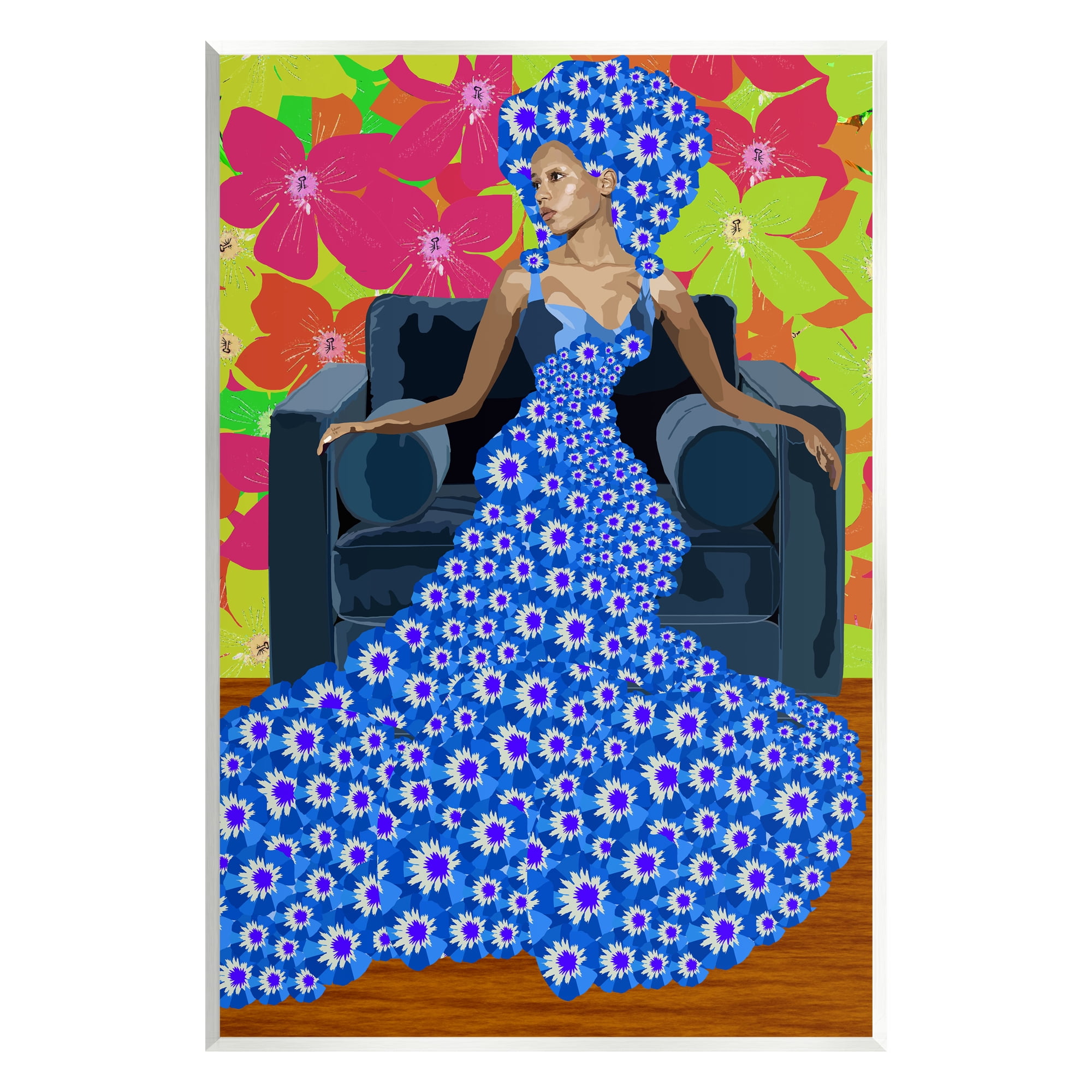 Stupell Industries Woman In Blue Retro Floral Pattern Botanical & Floral Painting Unframed Art Print Wall Art