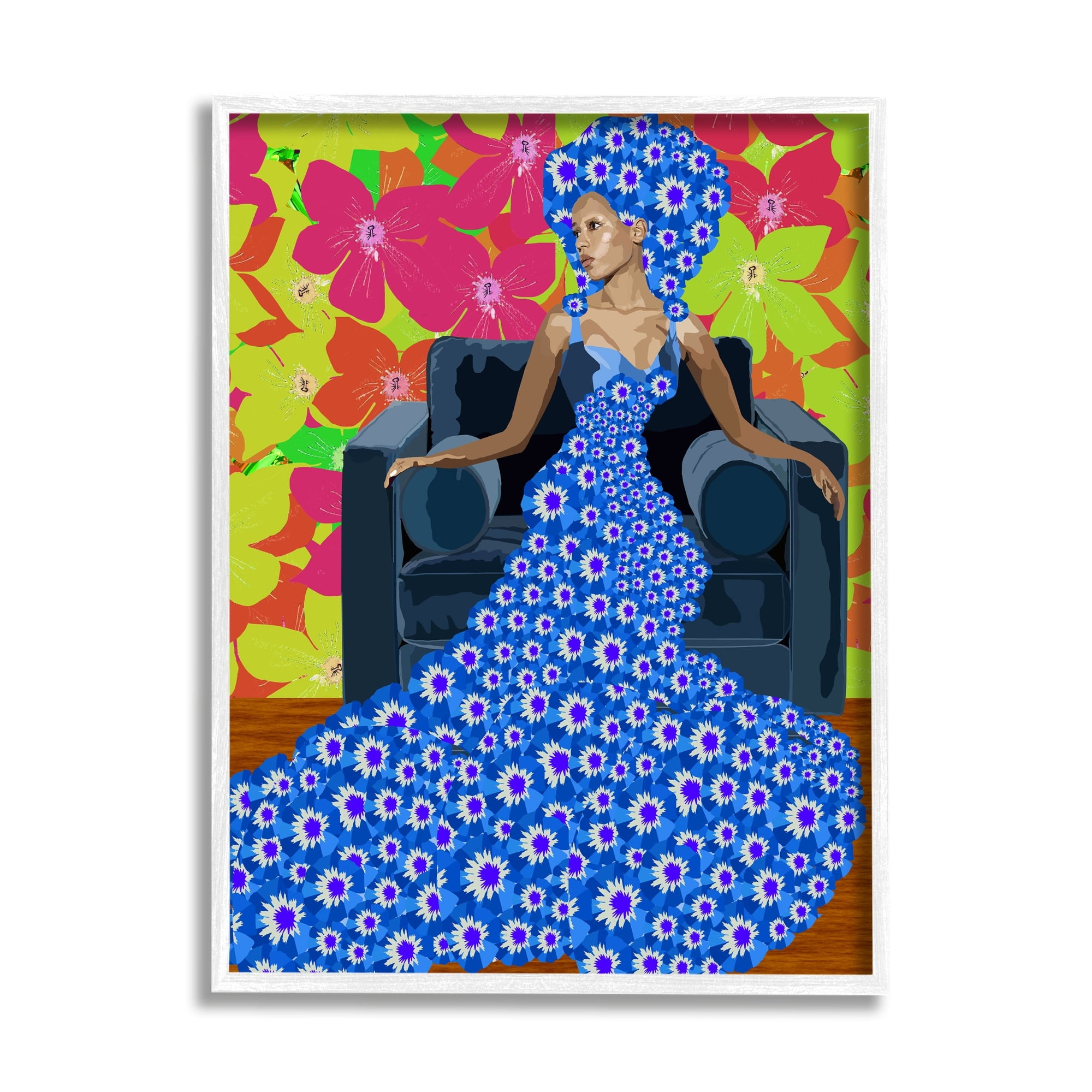Stupell Industries Woman In Blue Retro Floral Pattern Botanical & Floral Painting White Framed Art Print Wall Art