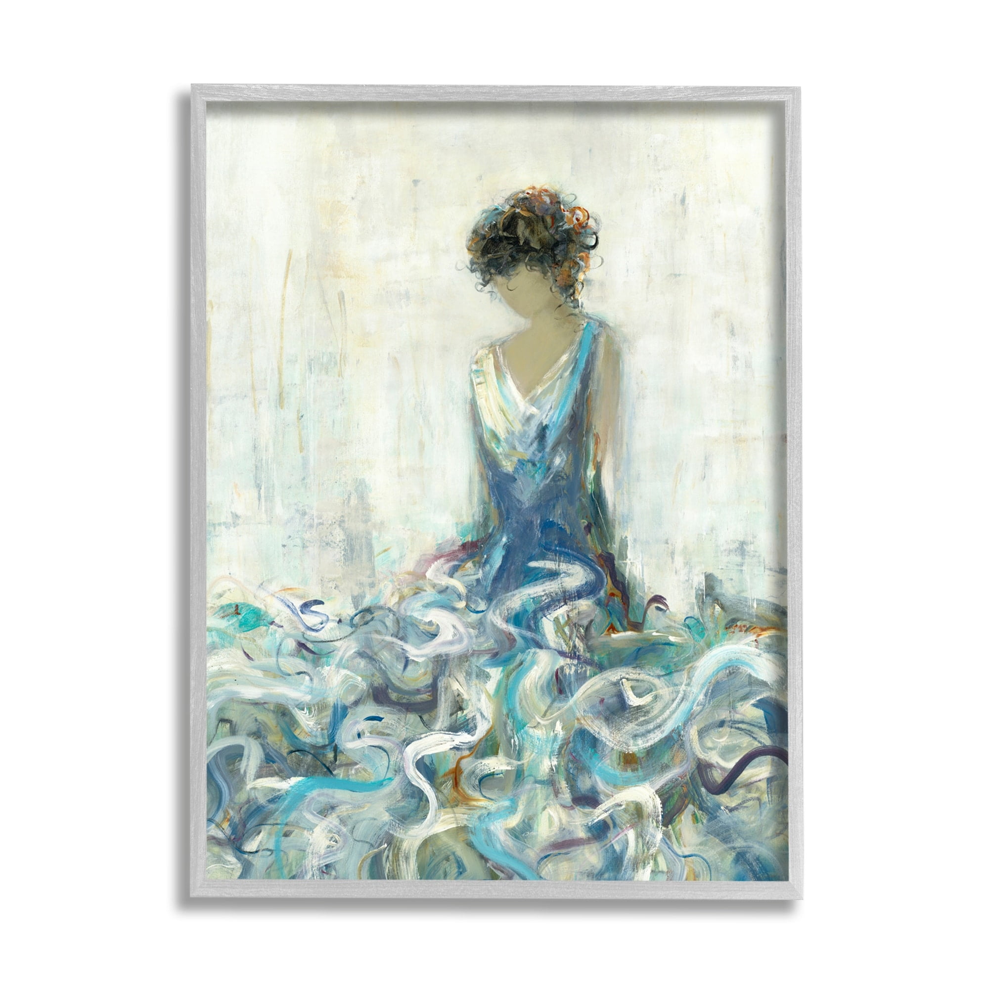 Elegant Woman in Blue Gown Abstract Canvas Print with Gray Frame