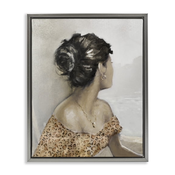 Stupell Industries Woman Looking Away Portrait Portrait Painting Gray Floater Framed Canvas Art Print Wall Art, 17 x 21
