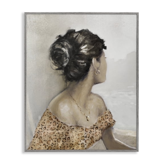 Stupell Industries Woman Looking Away Portrait Portrait Painting Gray Framed Art Print Wall Art, 11 x 14