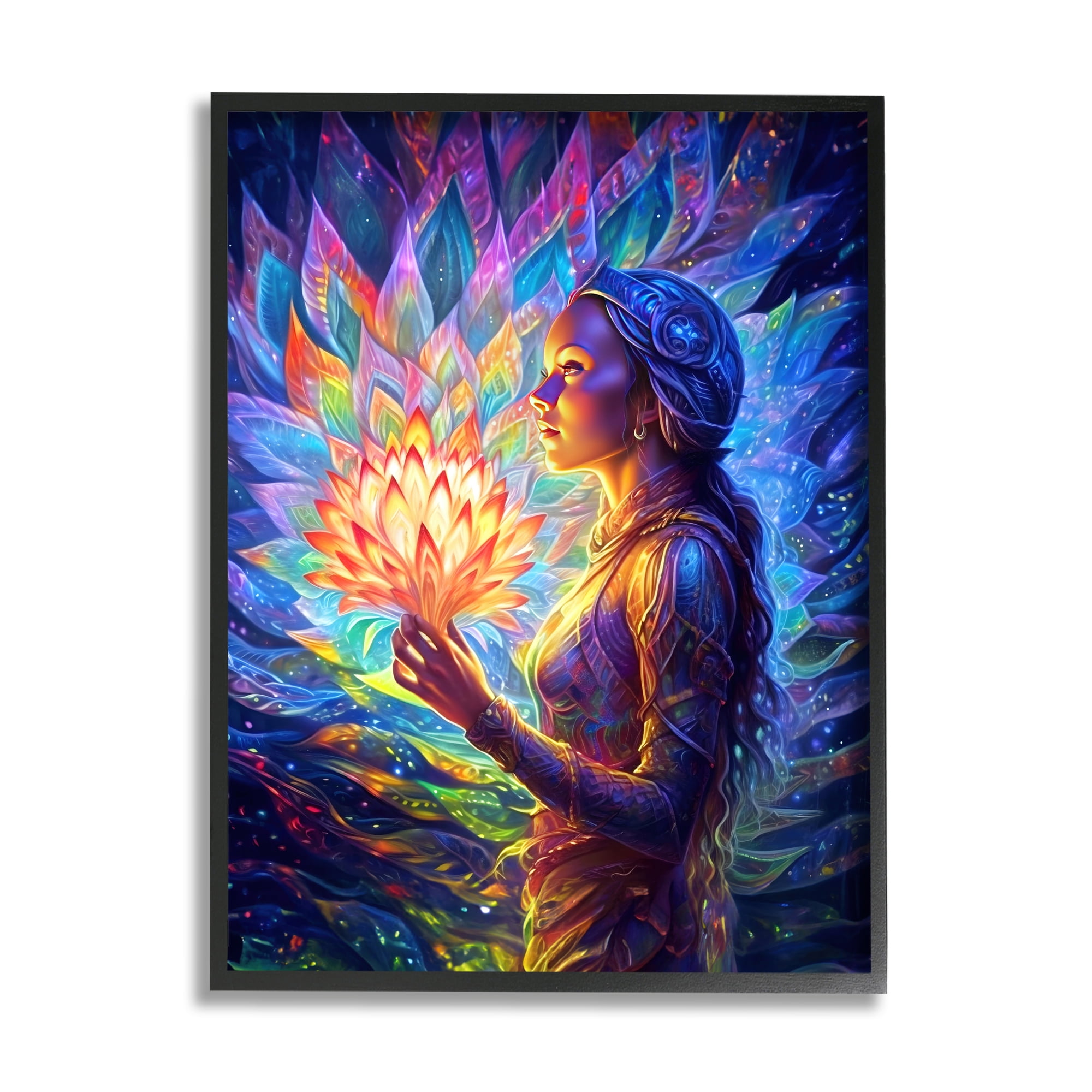 Stupell Industries Woman & Lotus Fractals Botanical & Floral Painting Black Framed Art Print Wall Art, 24 x 30