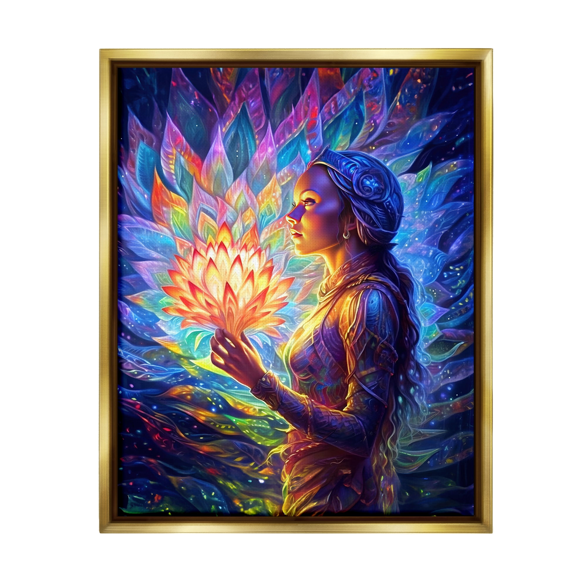 Stupell Industries Woman & Lotus Fractals Botanical & Floral Painting Gold Floater Framed Canvas Art Print Wall Art, 25 x 31