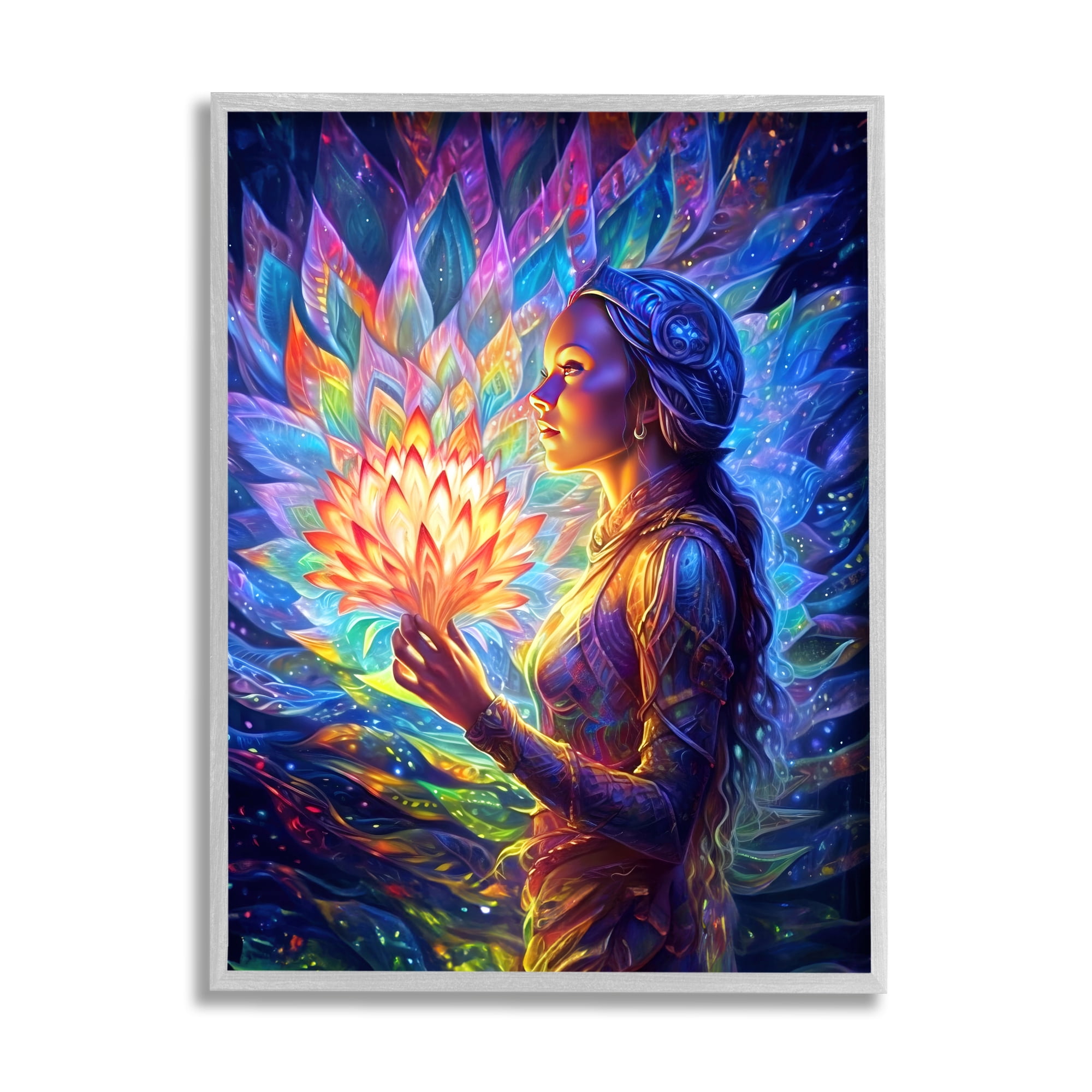 Stupell Industries Woman & Lotus Fractals Botanical & Floral Painting Gray Framed Art Print Wall Art, 16 x 20