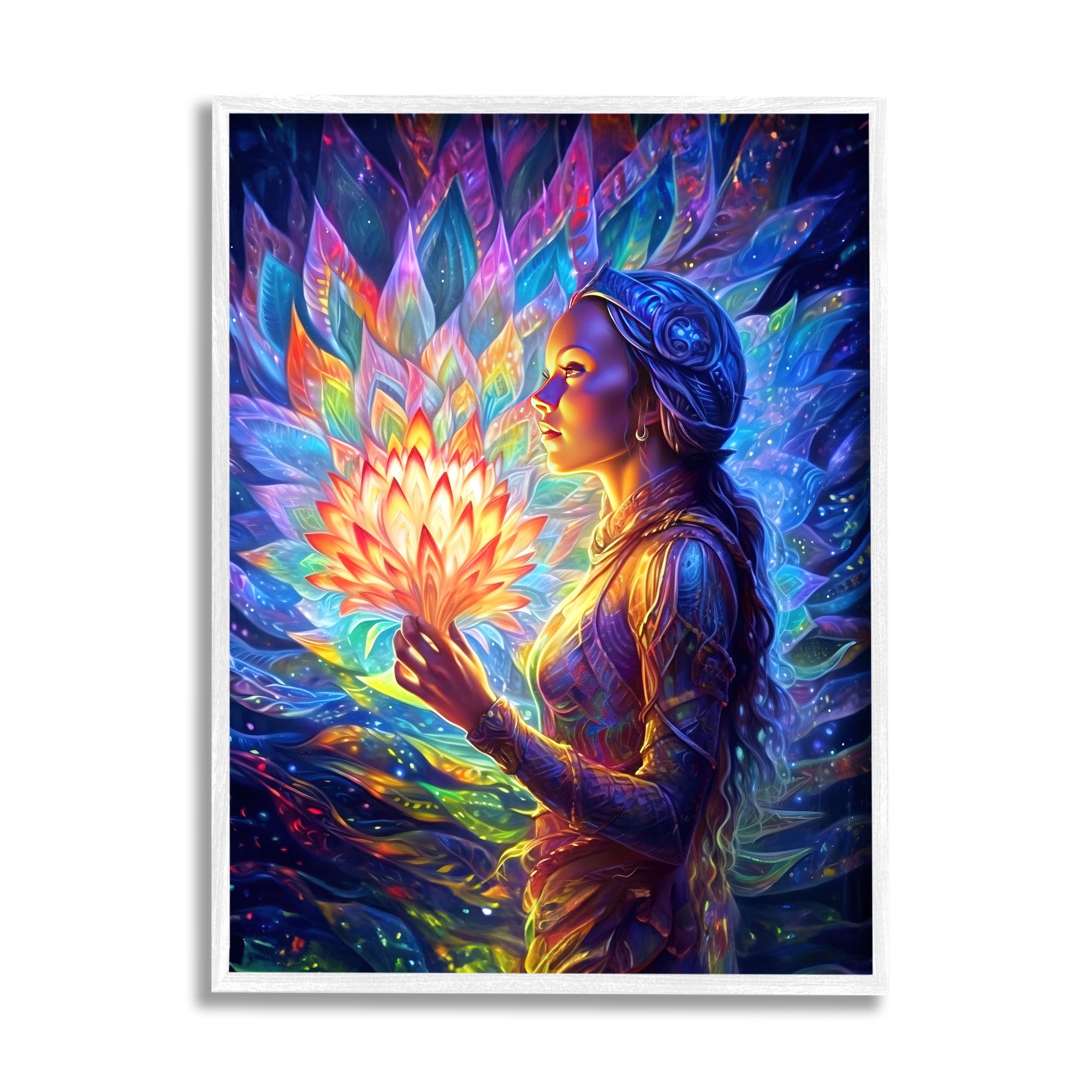 Stupell Industries Woman & Lotus Fractals Botanical & Floral Painting White Framed Art Print Wall Art, 11 x 14