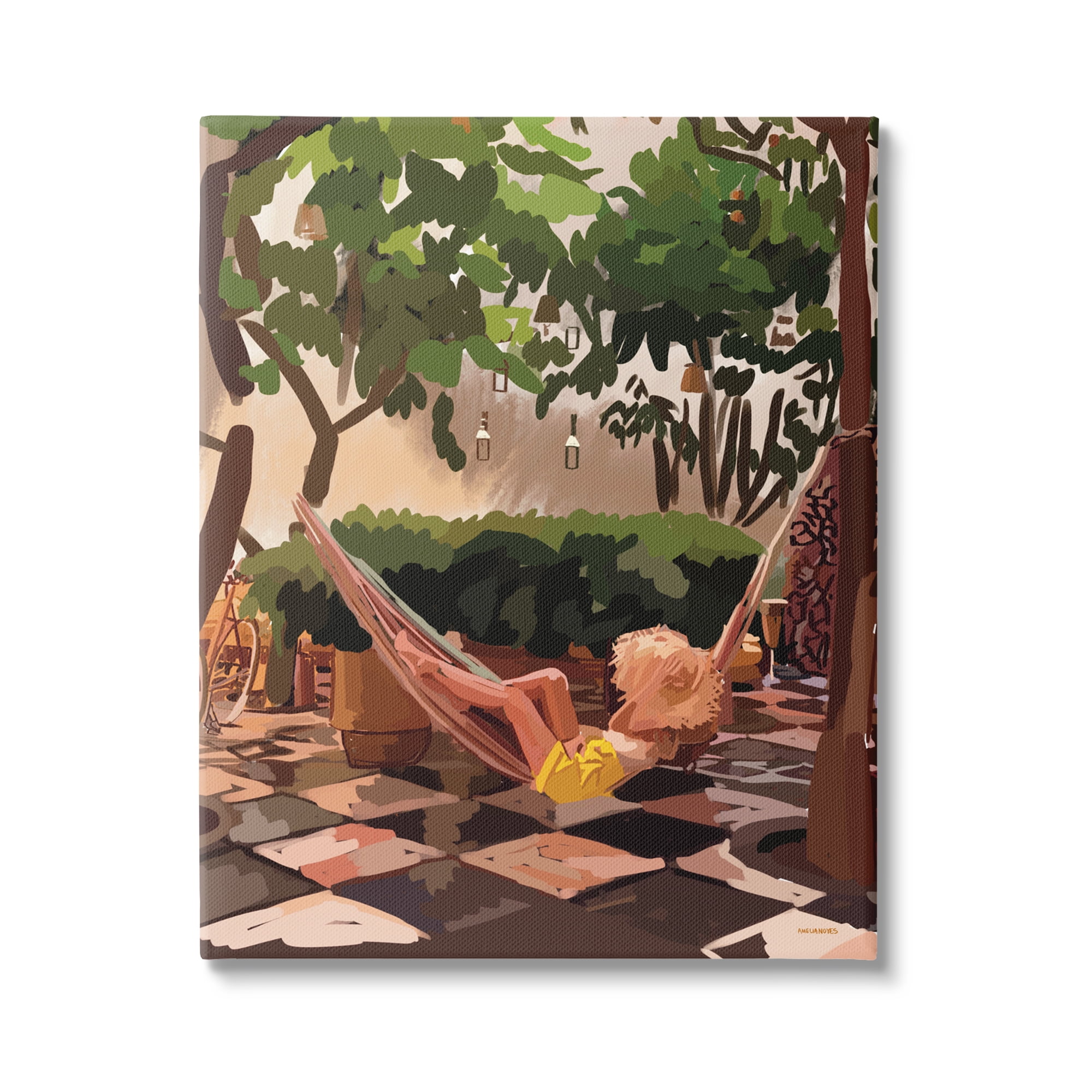 Stupell Industries Woman Lounging Hammock Tropical Summer Vacation Scenery Graphic Art Gallery Wrapped Canvas Print Wall Art, Design by Amelia Noyes